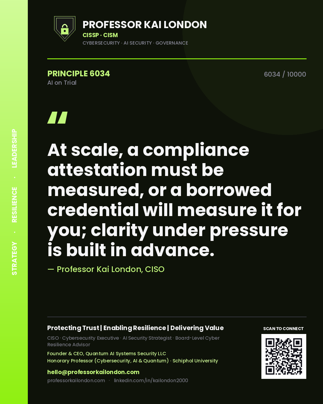 Quote card by Professor Kai London reading 'At scale, a compliance attestation must be measured, or a borrowed credential will measure it for you; clarity under pressure is built in advance.'. From the book AI on Trial.