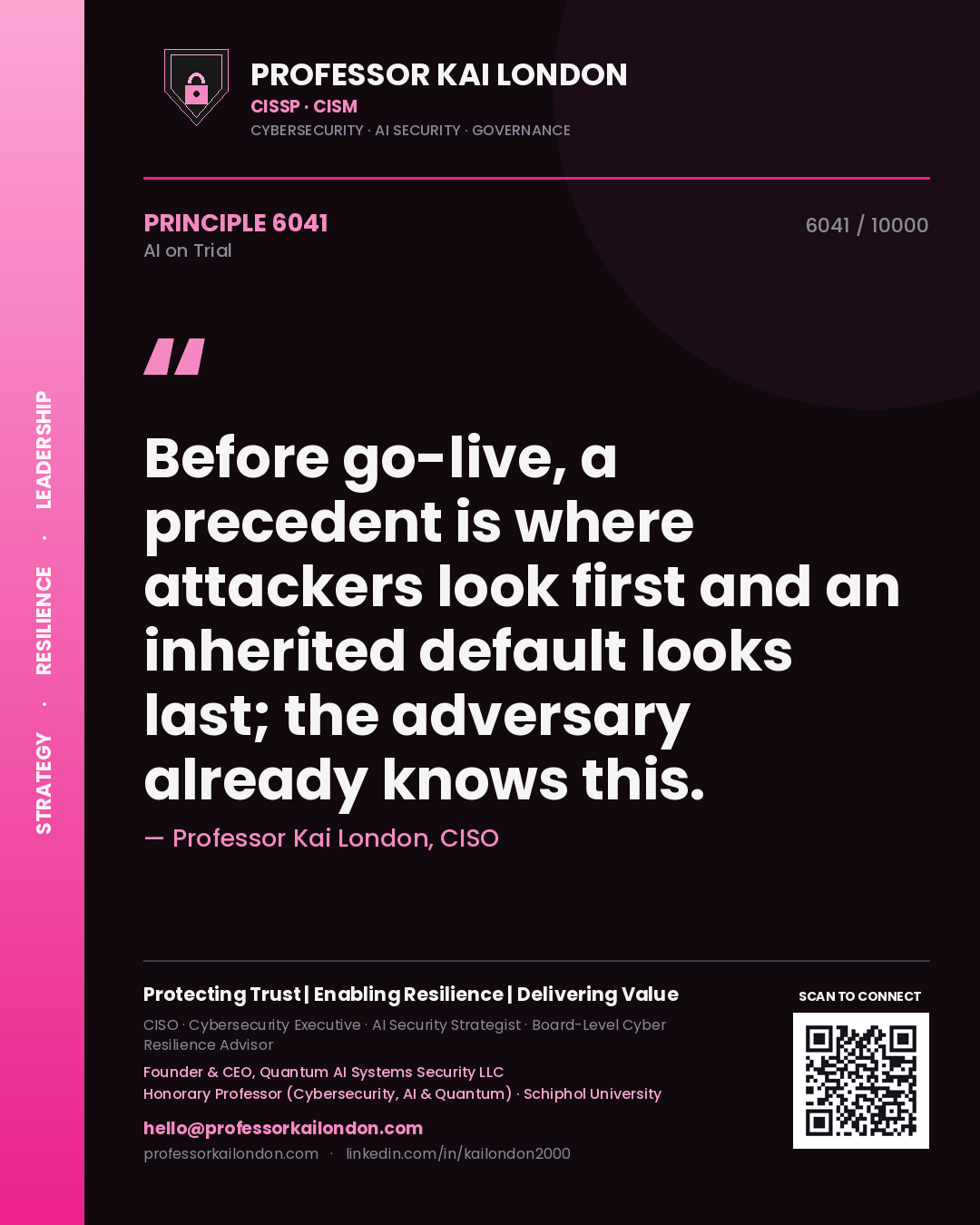 Professor Kai London principle 6041: Before go-live, a precedent is where attackers look first and an inherited default looks last; the adversary already knows this.