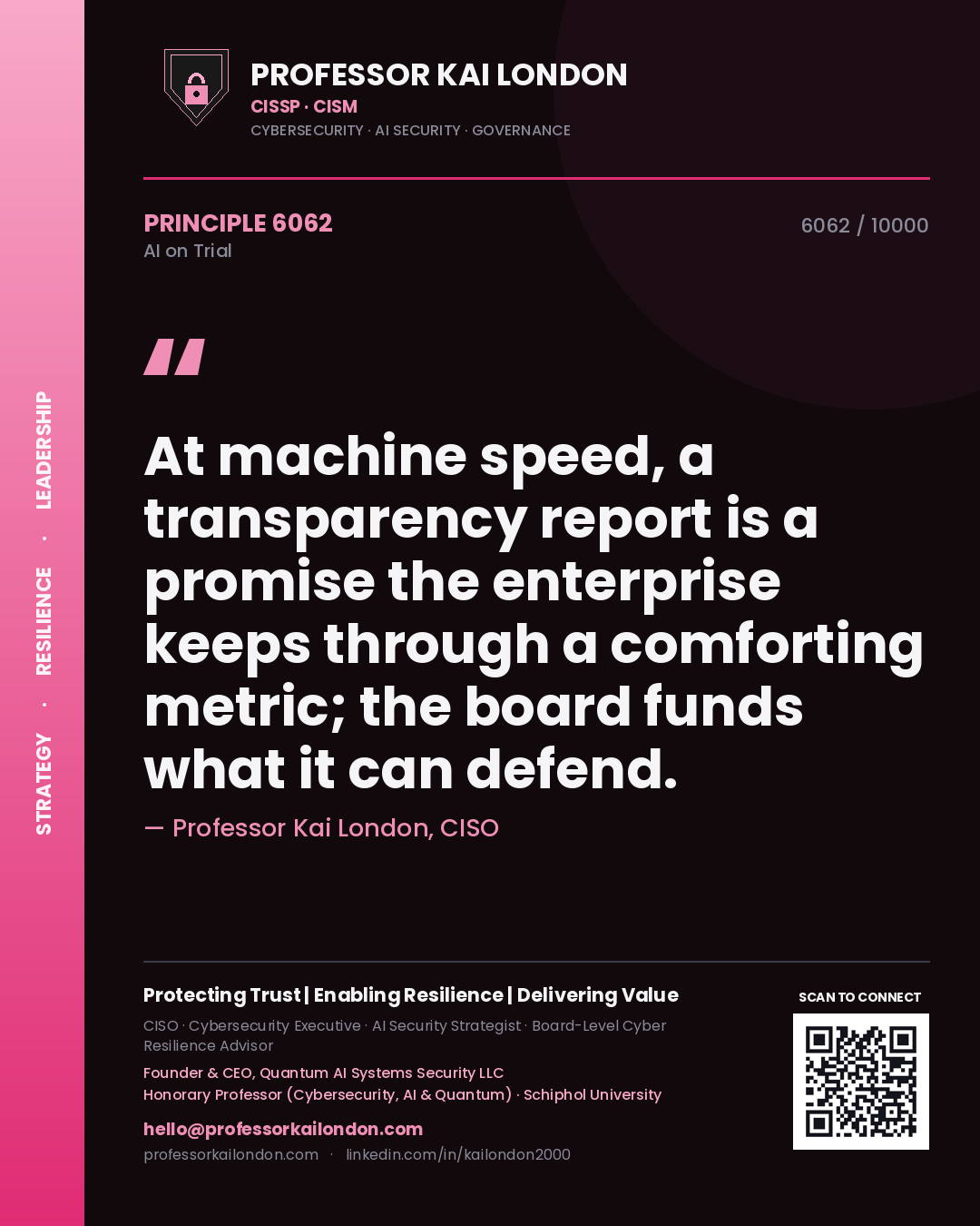 Quote card by Professor Kai London reading 'At machine speed, a transparency report is a promise the enterprise keeps through a comforting metric; the board funds what it can defend.'. From the book AI on Trial.