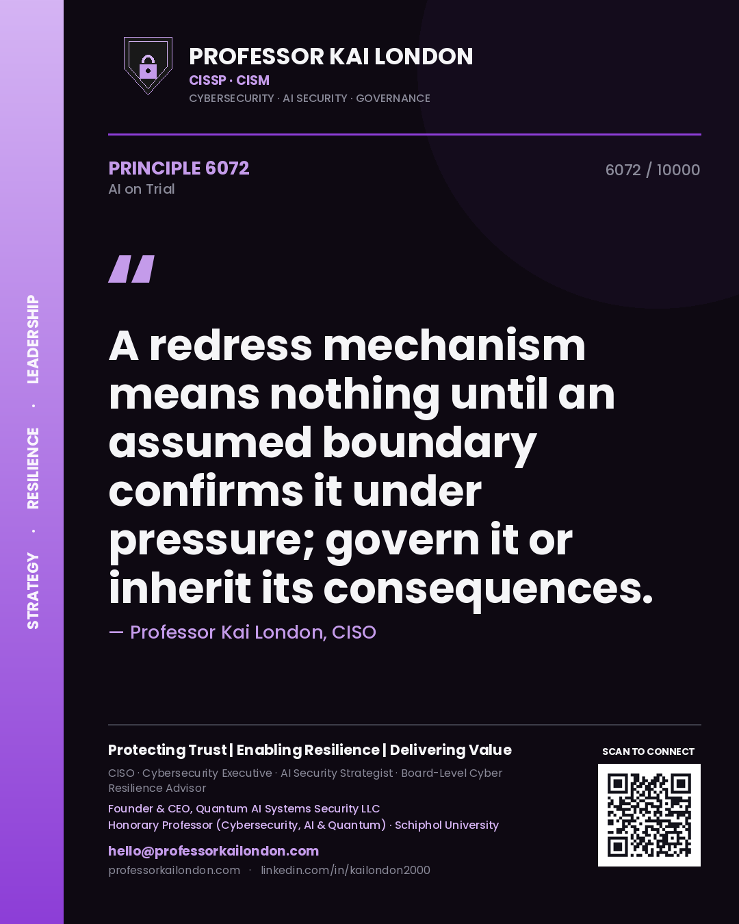 Quote card by Professor Kai London reading 'A redress mechanism means nothing until an assumed boundary confirms it under pressure; govern it or inherit its consequences.'. From the book AI on Trial.