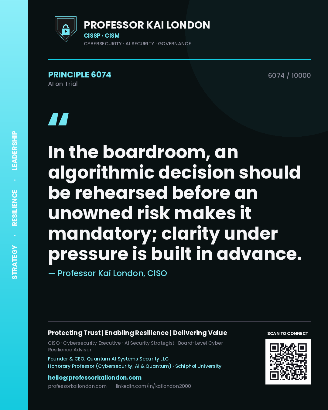 Quote card by Professor Kai London reading 'In the boardroom, an algorithmic decision should be rehearsed before an unowned risk makes it mandatory; clarity under pressure is built in advance.'. From the book AI on Trial.