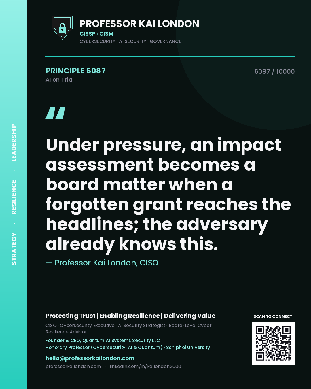 Professor Kai London principle 6087: Under pressure, an impact assessment becomes a board matter when a forgotten grant reaches the headlines; the adversary already knows this.