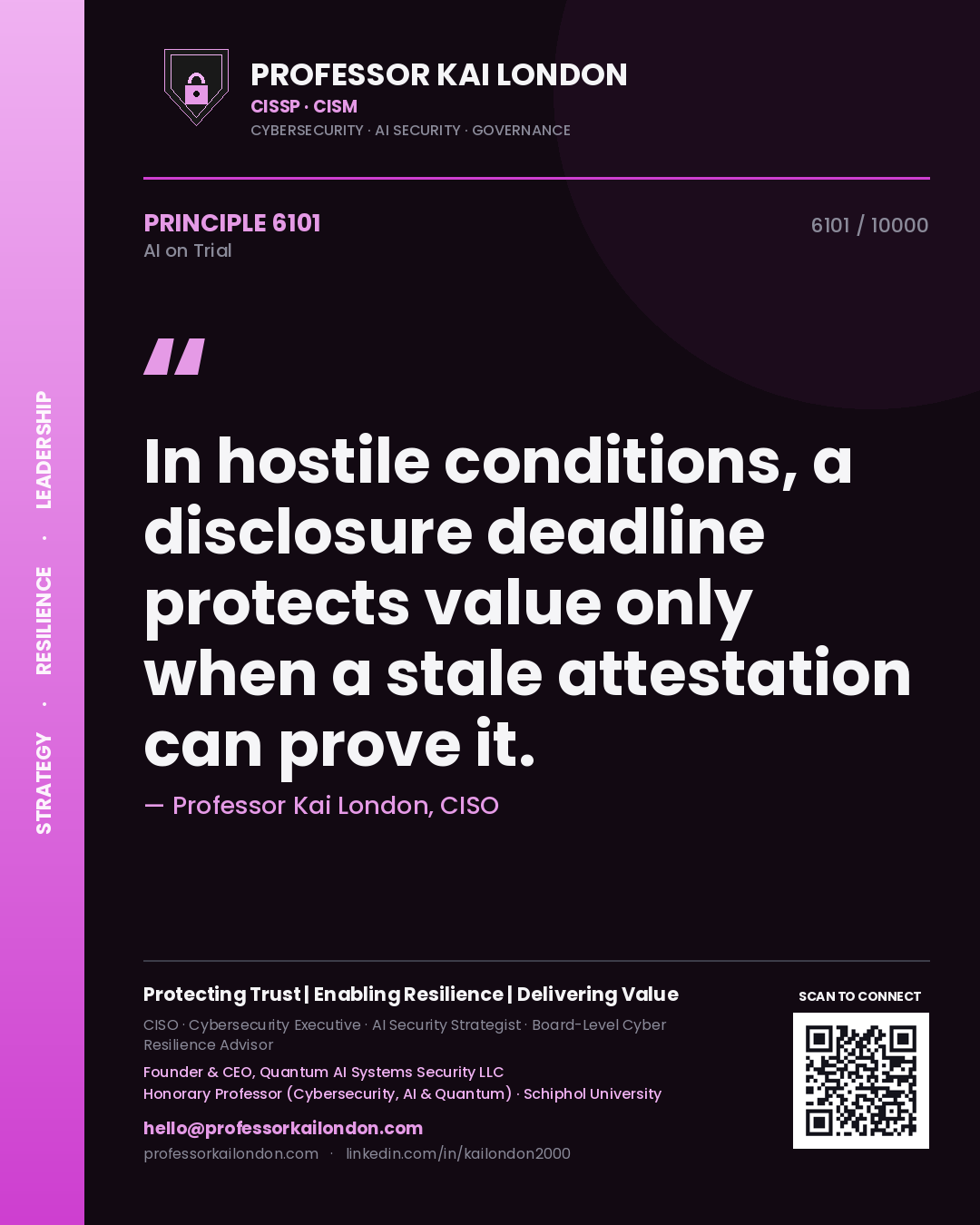 Professor Kai London principle 6101: In hostile conditions, a disclosure deadline protects value only when a stale attestation can prove it.