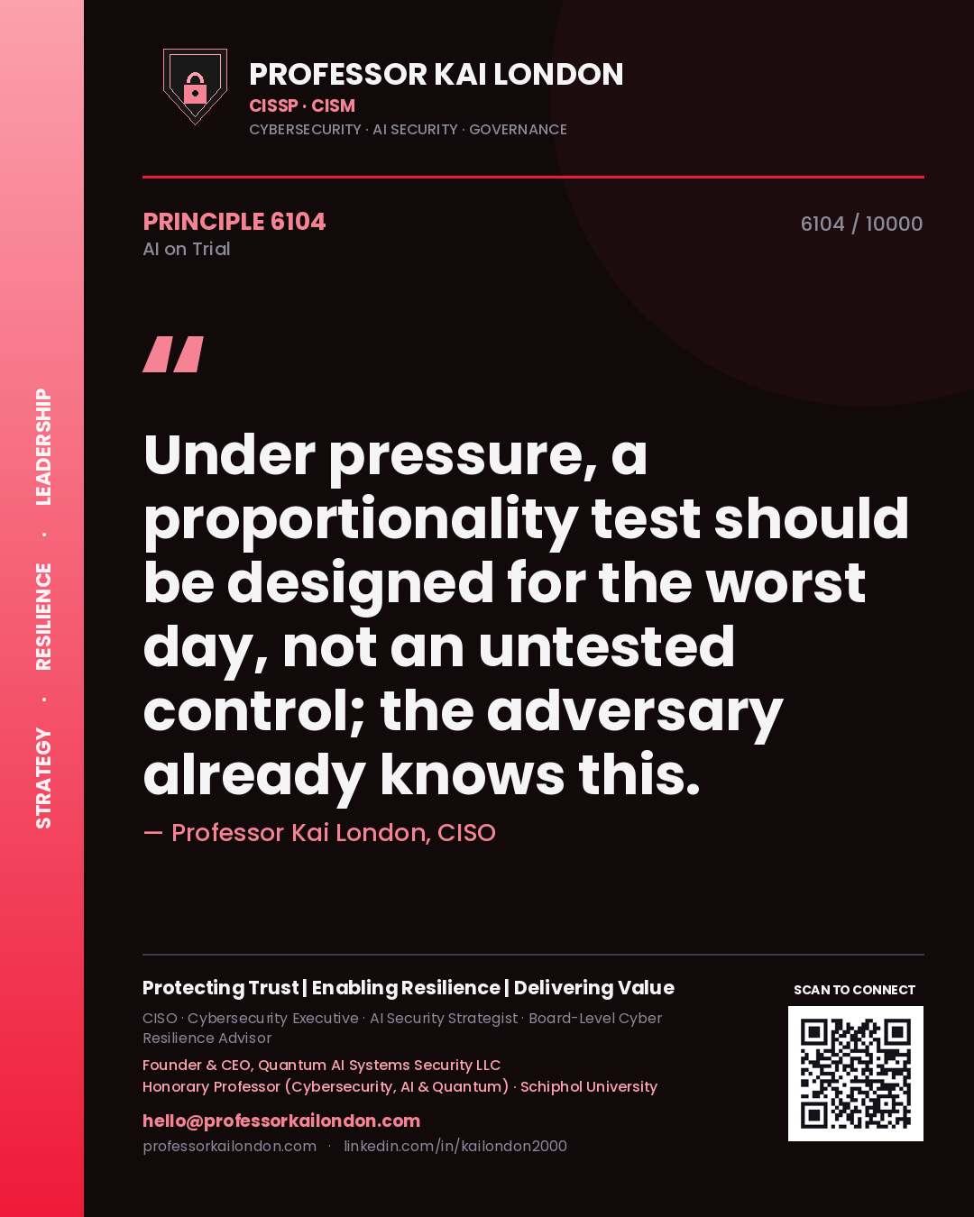 Quote card by Professor Kai London reading 'Under pressure, a proportionality test should be designed for the worst day, not an untested control; the adversary already knows this.'. From the book AI on Trial.