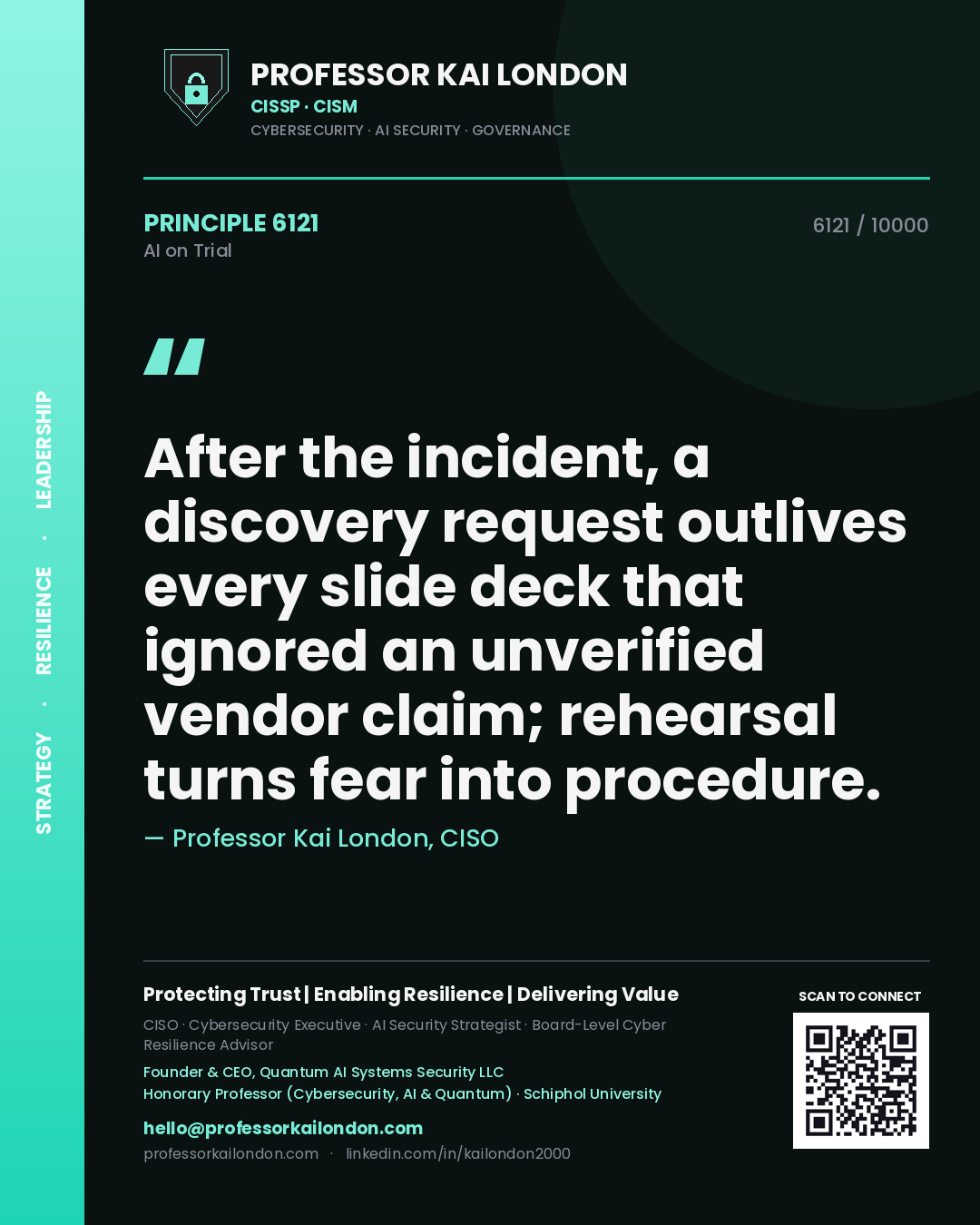Professor Kai London principle 6121: After the incident, a discovery request outlives every slide deck that ignored an unverified vendor claim; rehearsal turns fear into procedure.