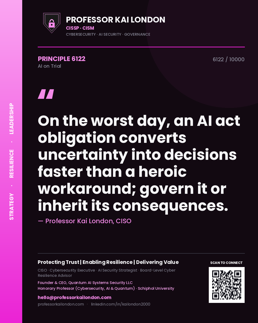 Quote card by Professor Kai London reading 'On the worst day, an AI act obligation converts uncertainty into decisions faster than a heroic workaround; govern it or inherit its consequences.'. From the book AI on Trial.