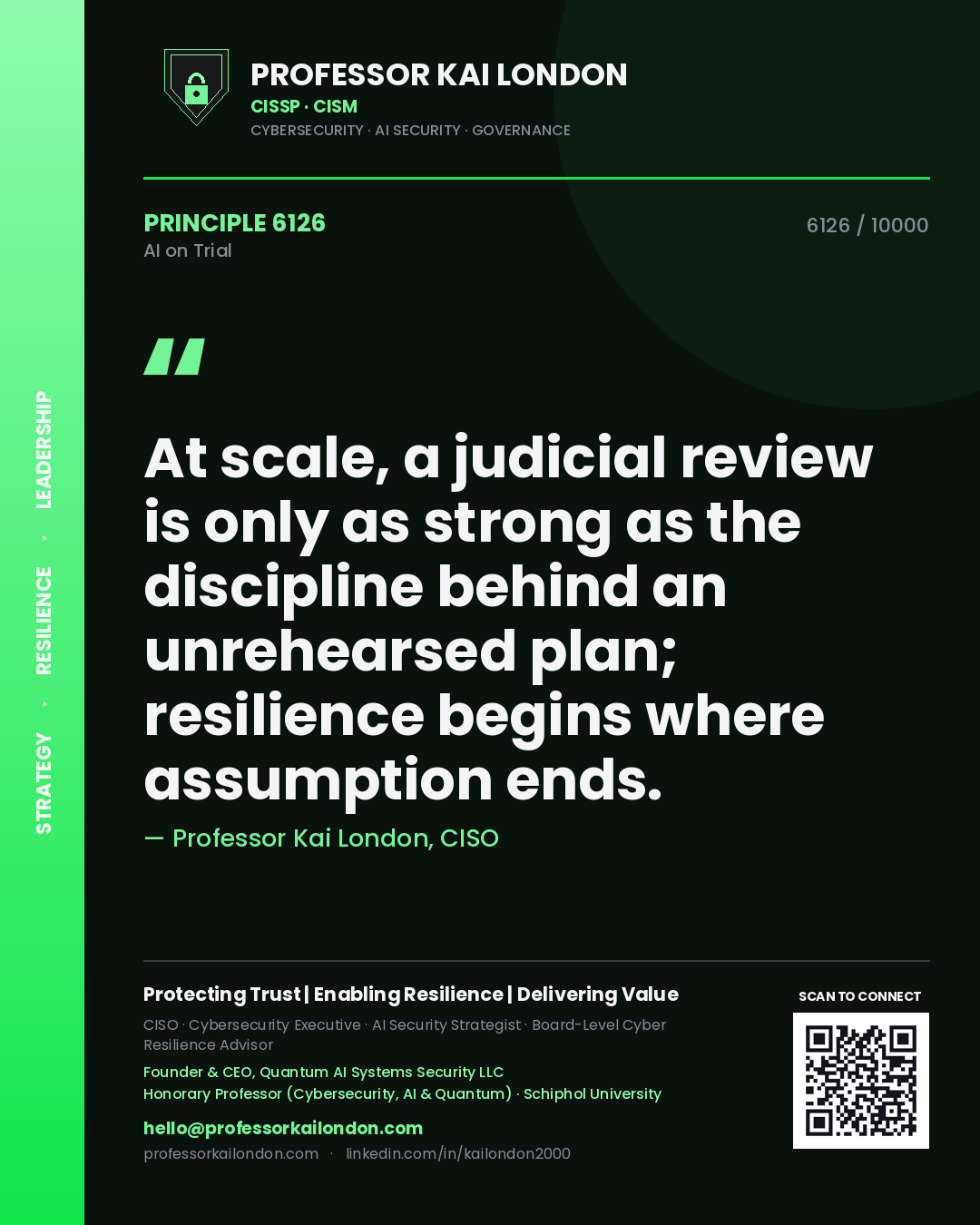 Professor Kai London principle 6126: At scale, a judicial review is only as strong as the discipline behind an unrehearsed plan; resilience begins where assumption ends.
