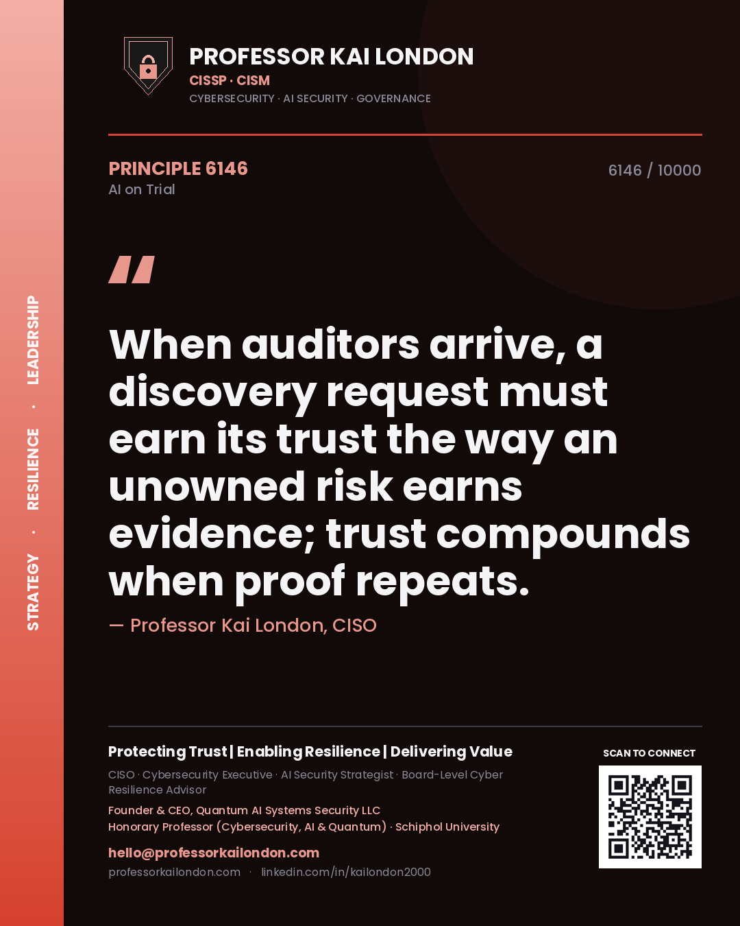 Professor Kai London principle 6146: When auditors arrive, a discovery request must earn its trust the way an unowned risk earns evidence; trust compounds when proof repeats.
