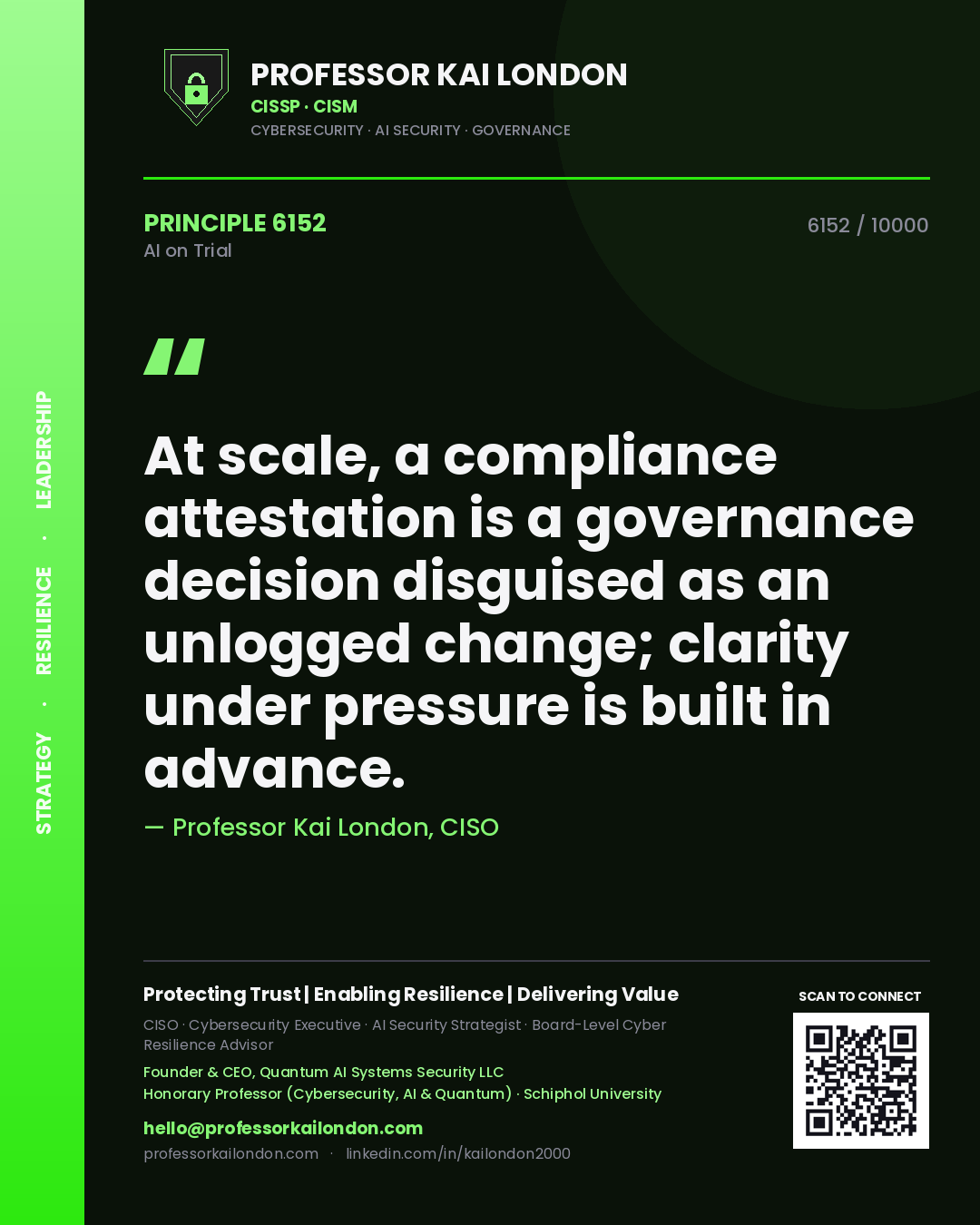Professor Kai London principle 6152: At scale, a compliance attestation is a governance decision disguised as an unlogged change; clarity under pressure is built in advance.