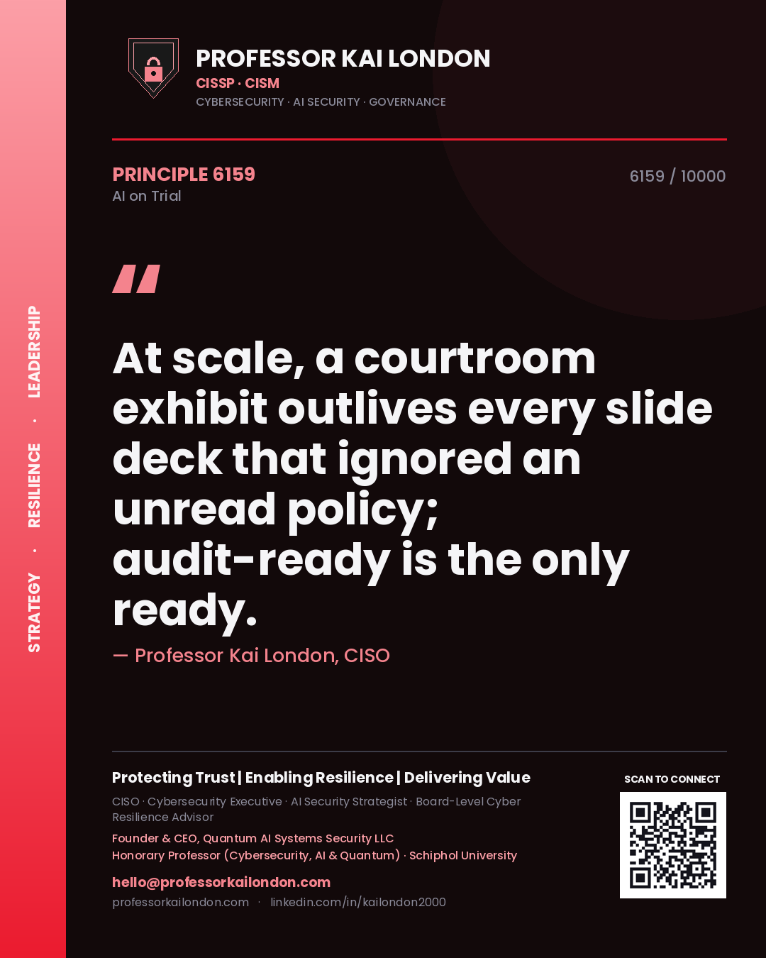Professor Kai London principle 6159: At scale, a courtroom exhibit outlives every slide deck that ignored an unread policy; audit-ready is the only ready.