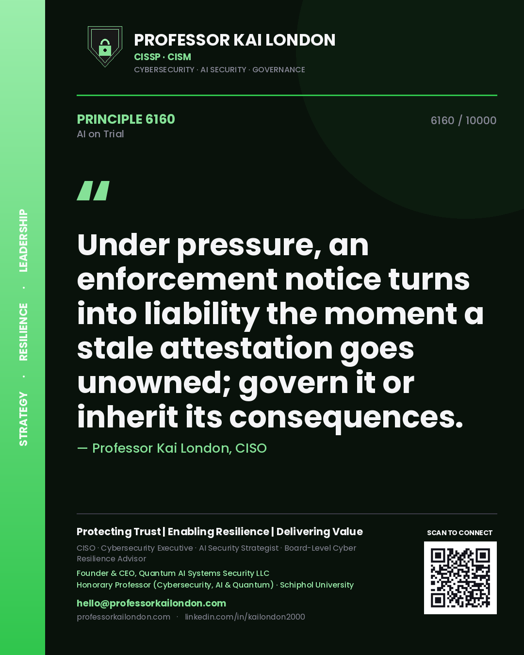 Professor Kai London principle 6160: Under pressure, an enforcement notice turns into liability the moment a stale attestation goes unowned; govern it or inherit its consequences.