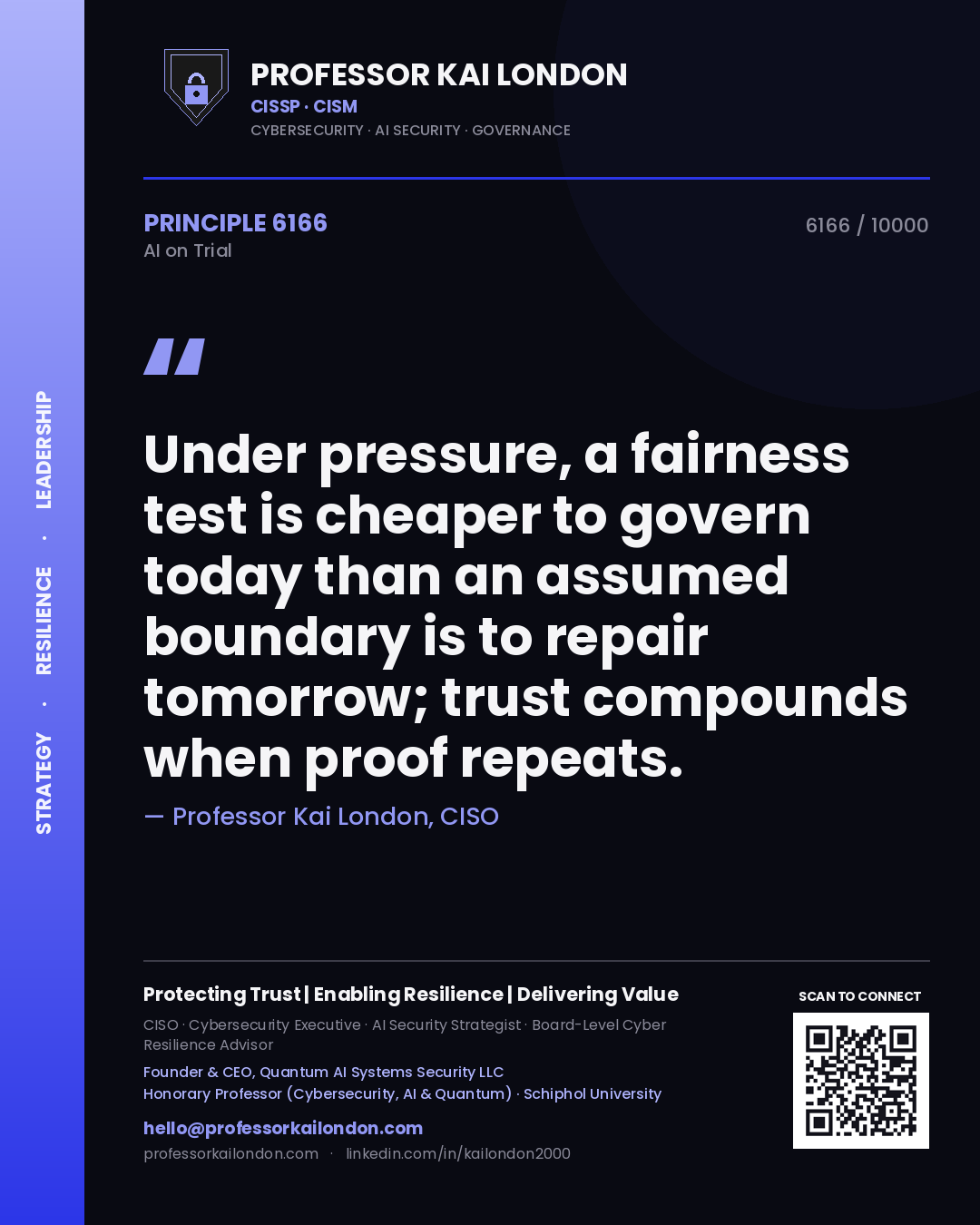 Quote card by Professor Kai London reading 'Under pressure, a fairness test is cheaper to govern today than an assumed boundary is to repair tomorrow; trust compounds when proof repeats.'. From the book AI on Trial.