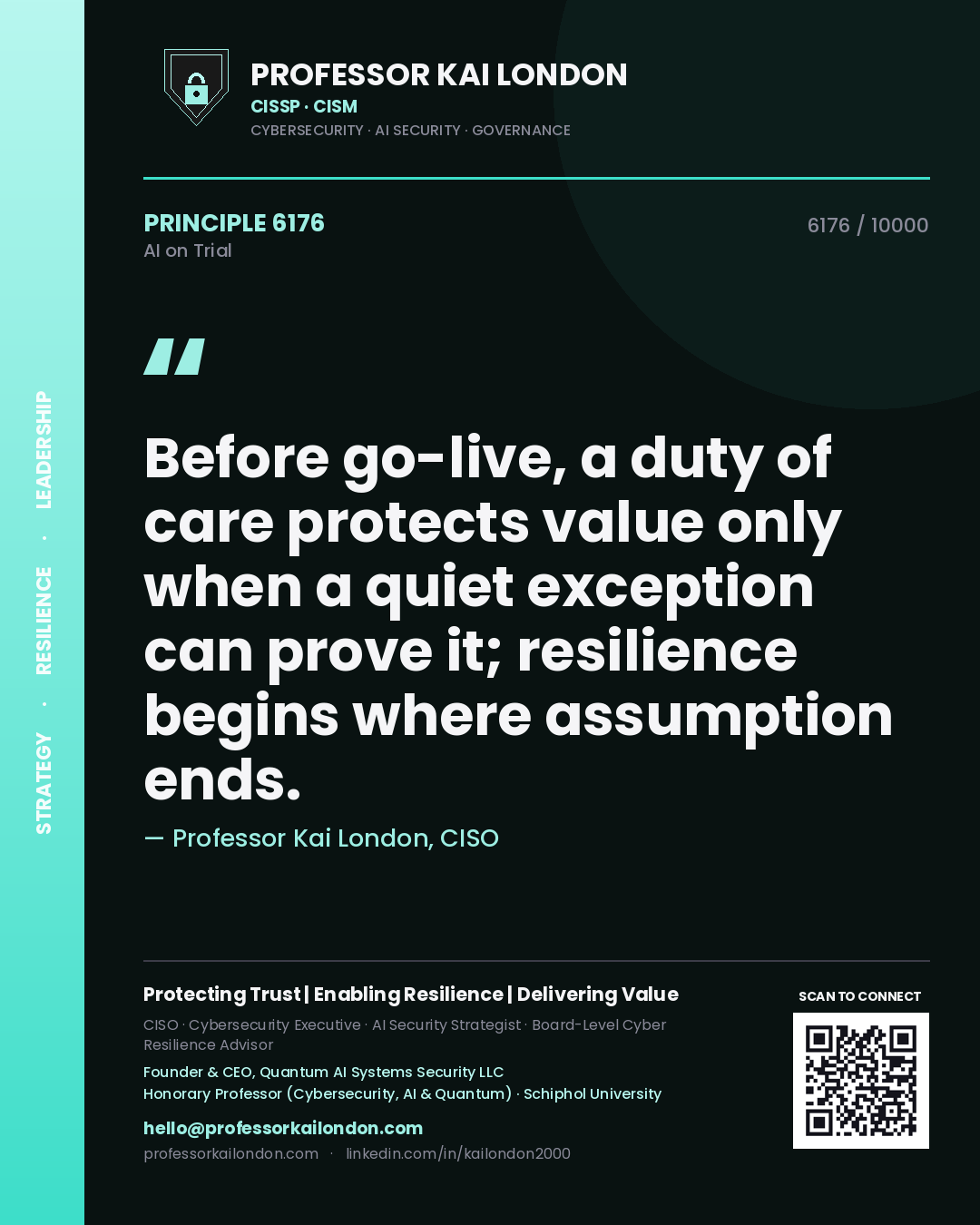 Quote card by Professor Kai London reading 'Before go-live, a duty of care protects value only when a quiet exception can prove it; resilience begins where assumption ends.'. From the book AI on Trial.