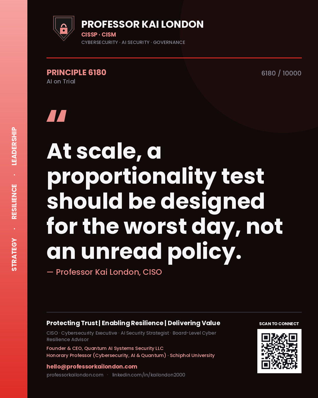 Professor Kai London principle 6180: At scale, a proportionality test should be designed for the worst day, not an unread policy.
