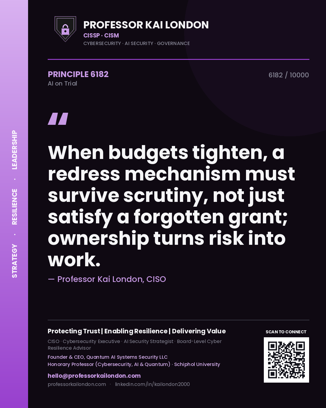 Quote card by Professor Kai London reading 'When budgets tighten, a redress mechanism must survive scrutiny, not just satisfy a forgotten grant; ownership turns risk into work.'. From the book AI on Trial.