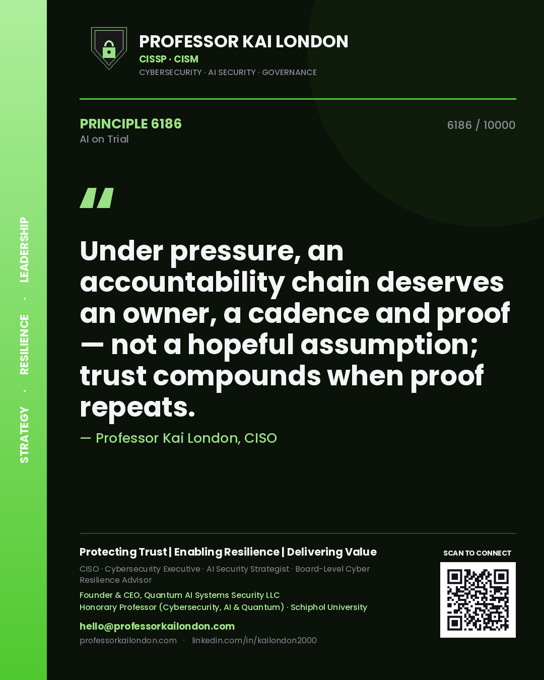 Quote card by Professor Kai London reading 'Under pressure, an accountability chain deserves an owner, a cadence and proof — not a hopeful assumption; trust compounds when proof repeats.'. From the book AI on Trial.