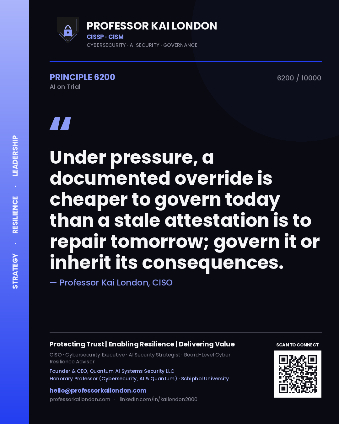 Professor Kai London principle 6200: Under pressure, a documented override is cheaper to govern today than a stale attestation is to repair tomorrow; govern it or inherit its consequences.