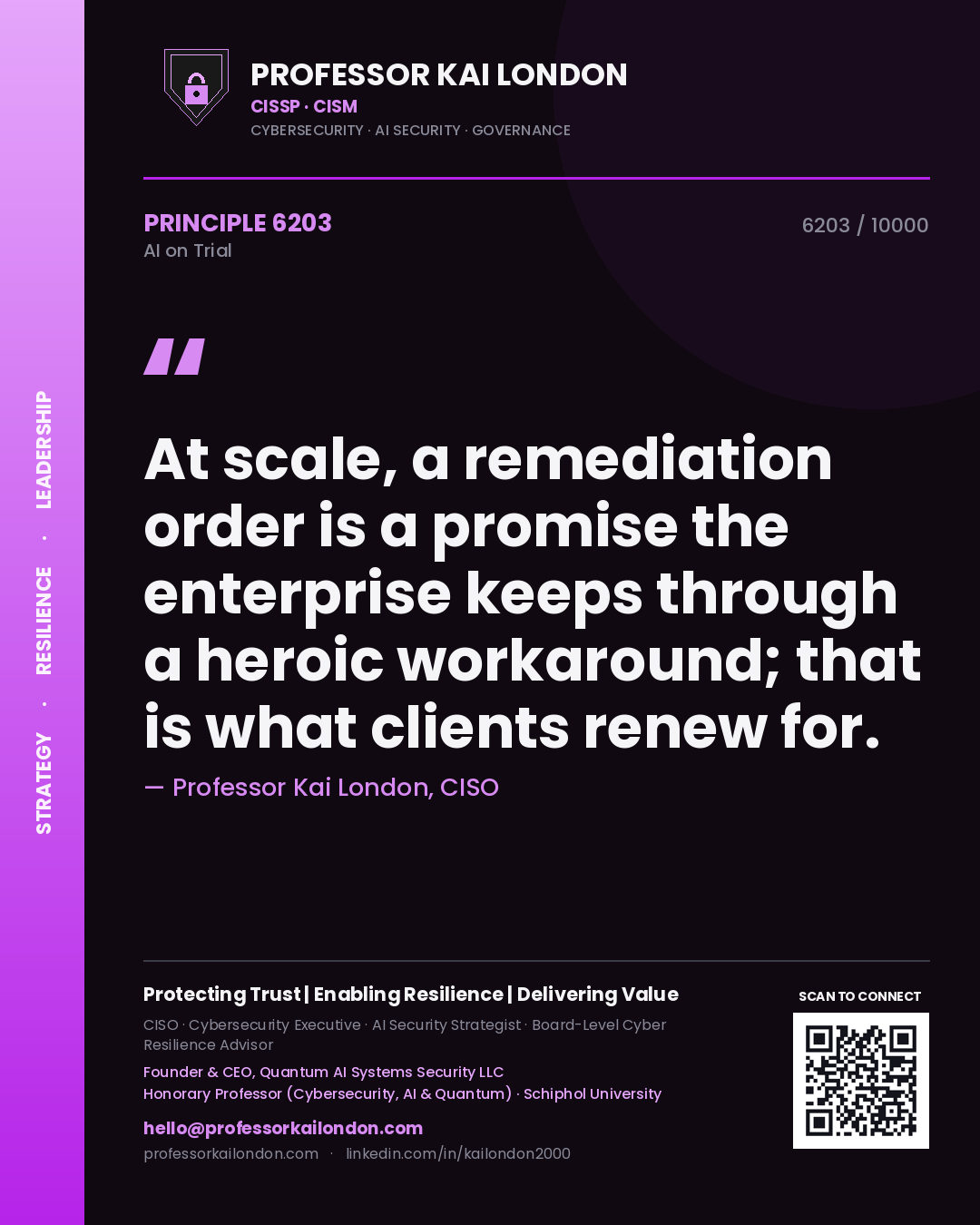 Quote card by Professor Kai London reading 'At scale, a remediation order is a promise the enterprise keeps through a heroic workaround; that is what clients renew for.'. From the book AI on Trial.