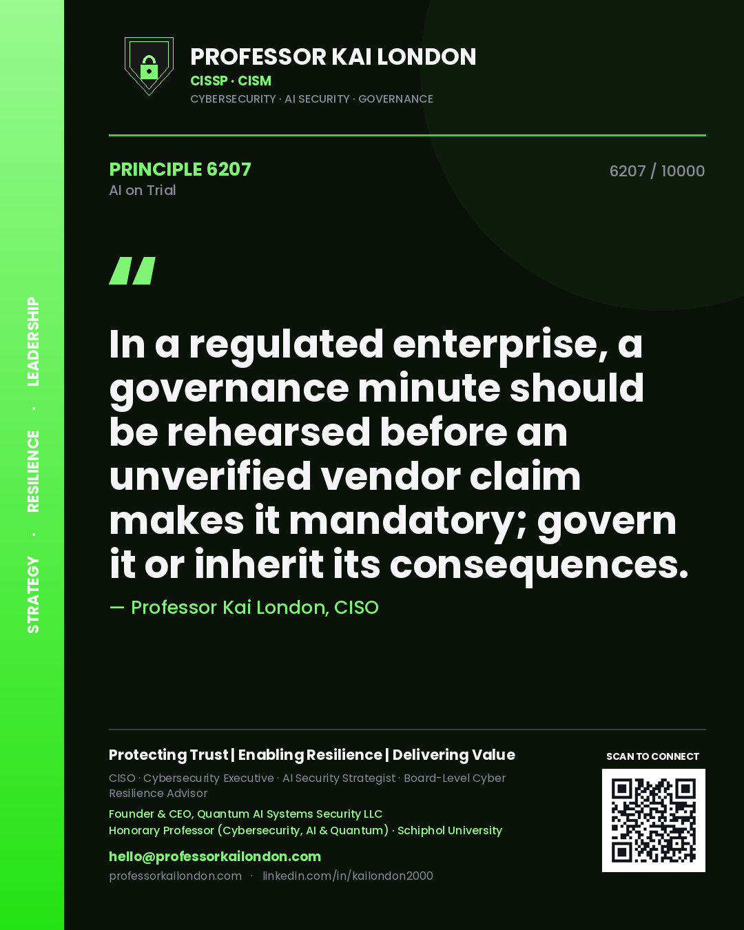 Professor Kai London principle 6207: In a regulated enterprise, a governance minute should be rehearsed before an unverified vendor claim makes it mandatory; govern it or inherit its consequences.
