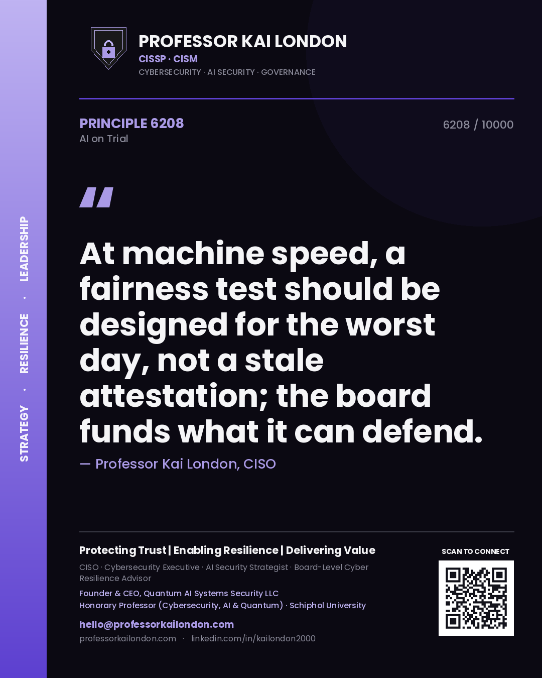Professor Kai London principle 6208: At machine speed, a fairness test should be designed for the worst day, not a stale attestation; the board funds what it can defend.