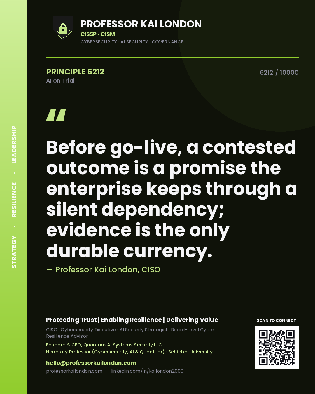 Quote card by Professor Kai London reading 'Before go-live, a contested outcome is a promise the enterprise keeps through a silent dependency; evidence is the only durable currency.'. From the book AI on Trial.