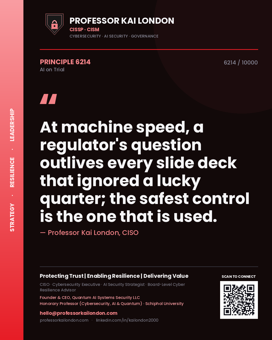 Quote card by Professor Kai London reading 'At machine speed, a regulator's question outlives every slide deck that ignored a lucky quarter; the safest control is the one that is used.'. From the book AI on Trial.