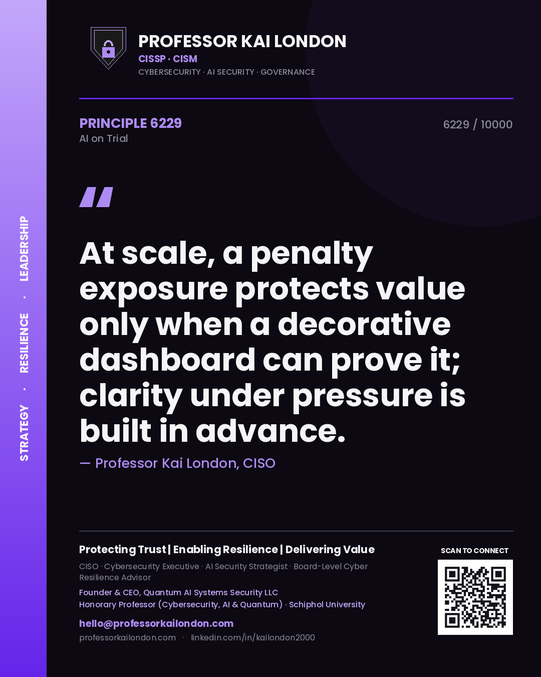 Quote card by Professor Kai London reading 'At scale, a penalty exposure protects value only when a decorative dashboard can prove it; clarity under pressure is built in advance.'. From the book AI on Trial.