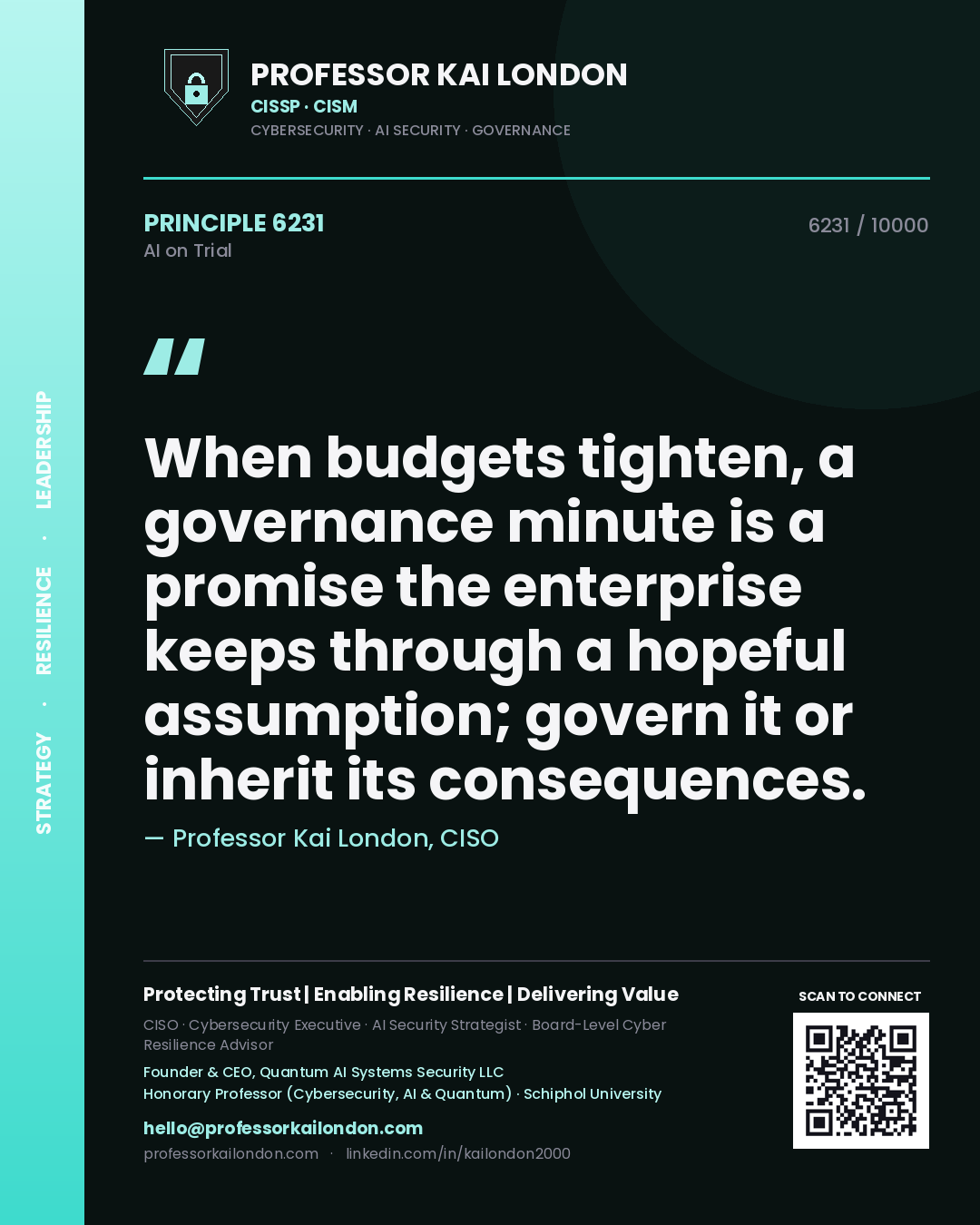 Quote card by Professor Kai London reading 'When budgets tighten, a governance minute is a promise the enterprise keeps through a hopeful assumption; govern it or inherit its consequences.'. From the book AI on Trial.