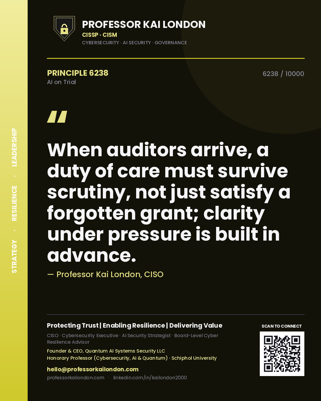 Professor Kai London principle 6238: When auditors arrive, a duty of care must survive scrutiny, not just satisfy a forgotten grant; clarity under pressure is built in advance.