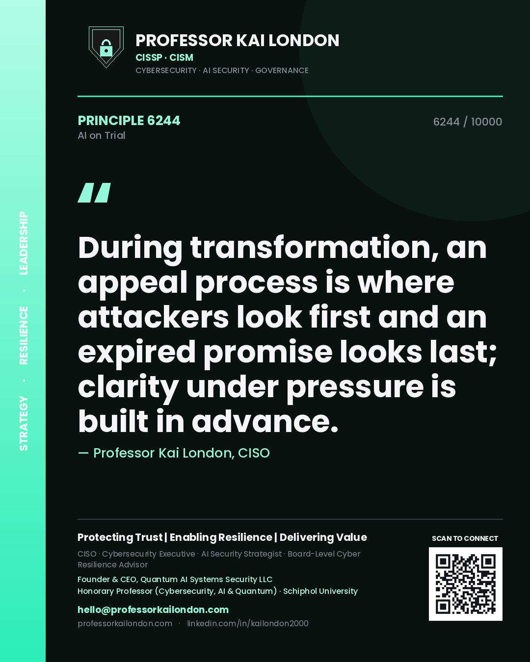 Quote card by Professor Kai London reading 'During transformation, an appeal process is where attackers look first and an expired promise looks last; clarity under pressure is built in advance.'. From the book AI on Trial.