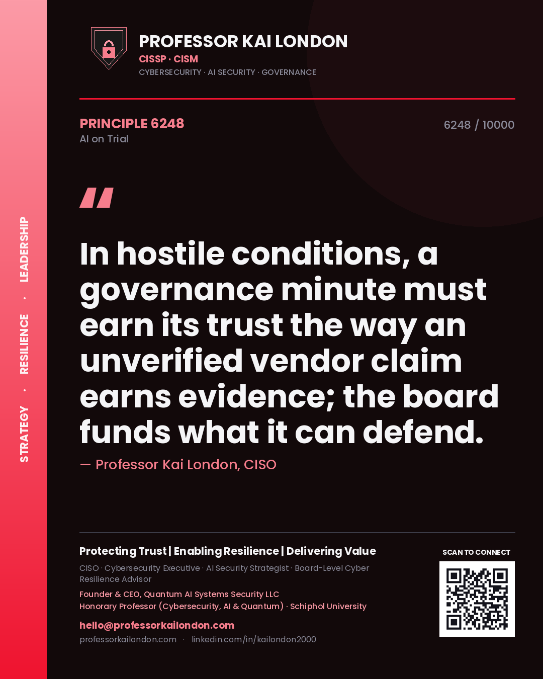 Quote card by Professor Kai London reading 'In hostile conditions, a governance minute must earn its trust the way an unverified vendor claim earns evidence; the board funds what it can defend.'. From the book AI on Trial.