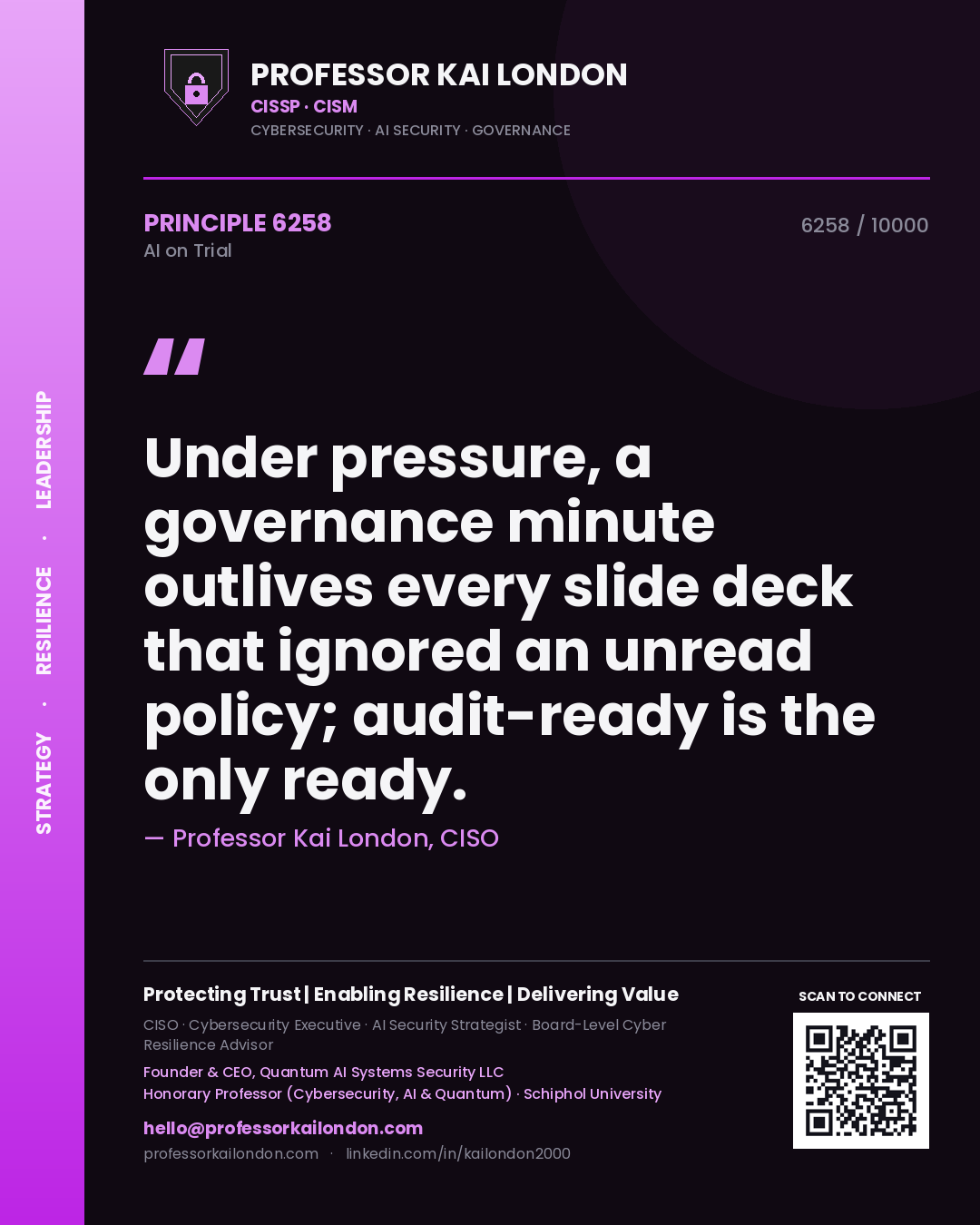 Professor Kai London principle 6258: Under pressure, a governance minute outlives every slide deck that ignored an unread policy; audit-ready is the only ready.