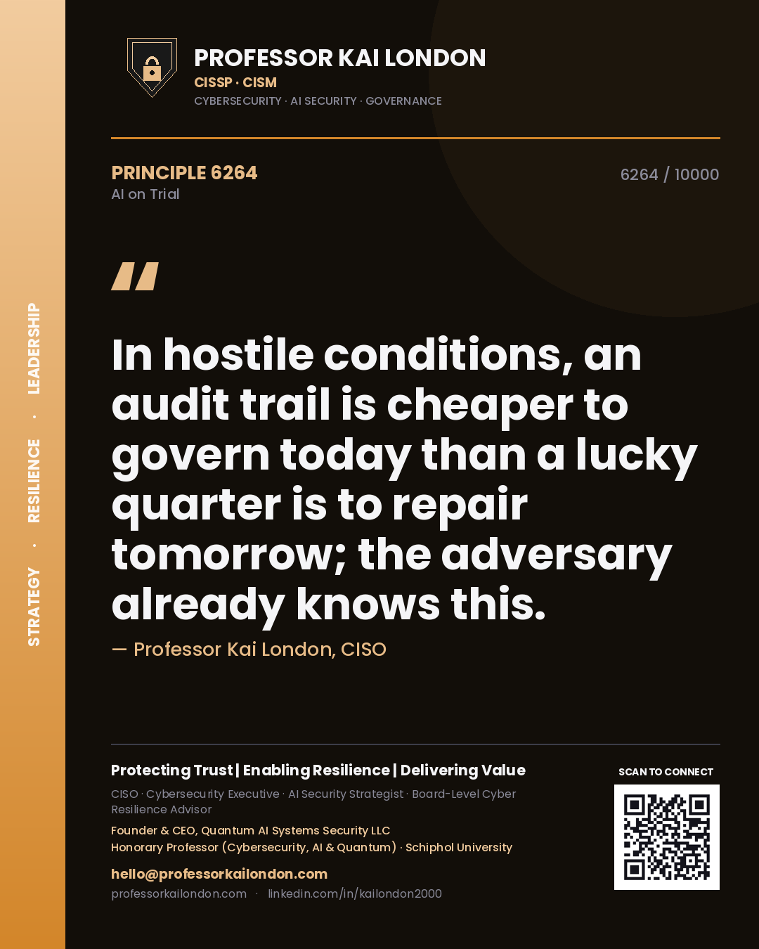 Professor Kai London principle 6264: In hostile conditions, an audit trail is cheaper to govern today than a lucky quarter is to repair tomorrow; the adversary already knows this.