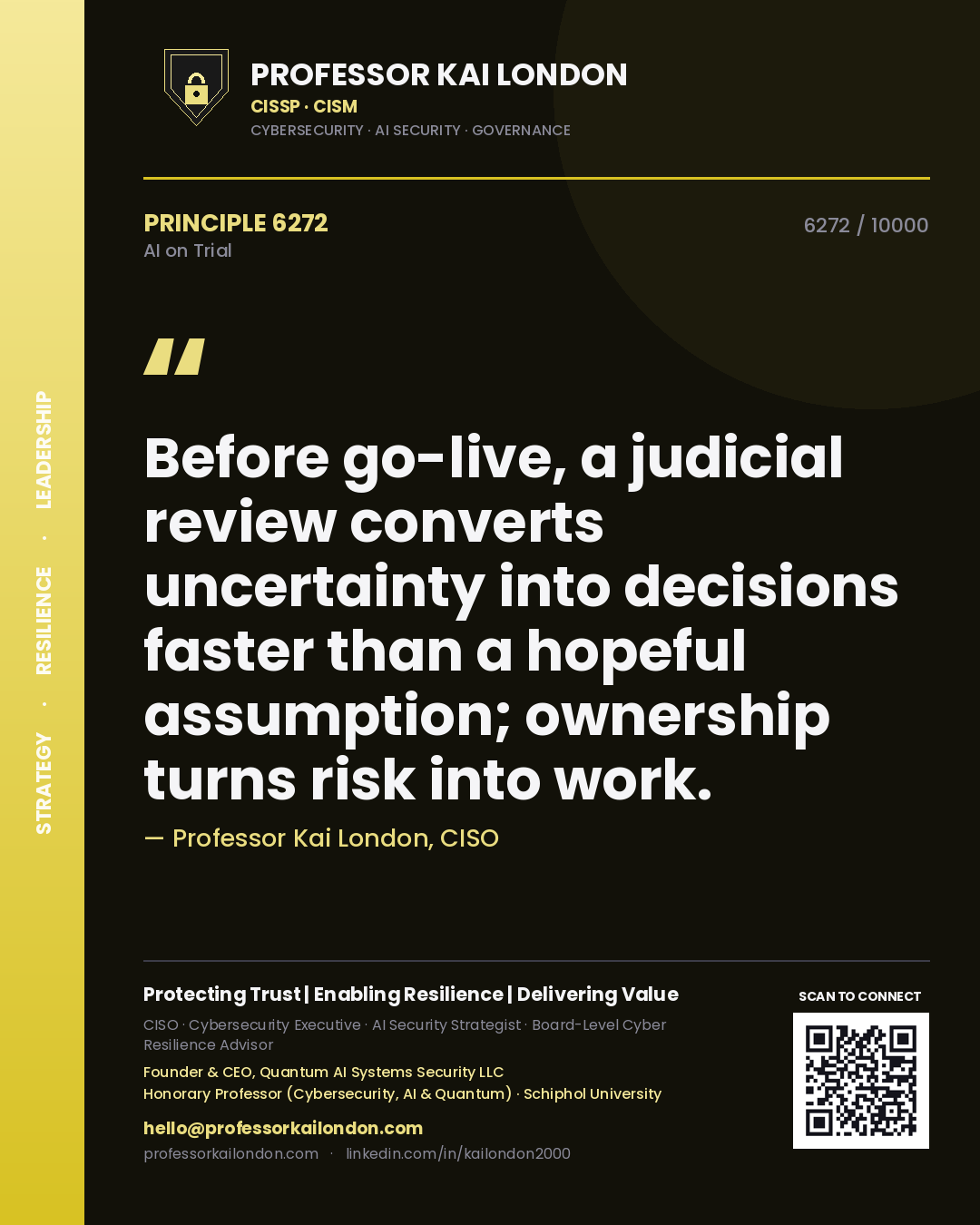 Quote card by Professor Kai London reading 'Before go-live, a judicial review converts uncertainty into decisions faster than a hopeful assumption; ownership turns risk into work.'. From the book AI on Trial.