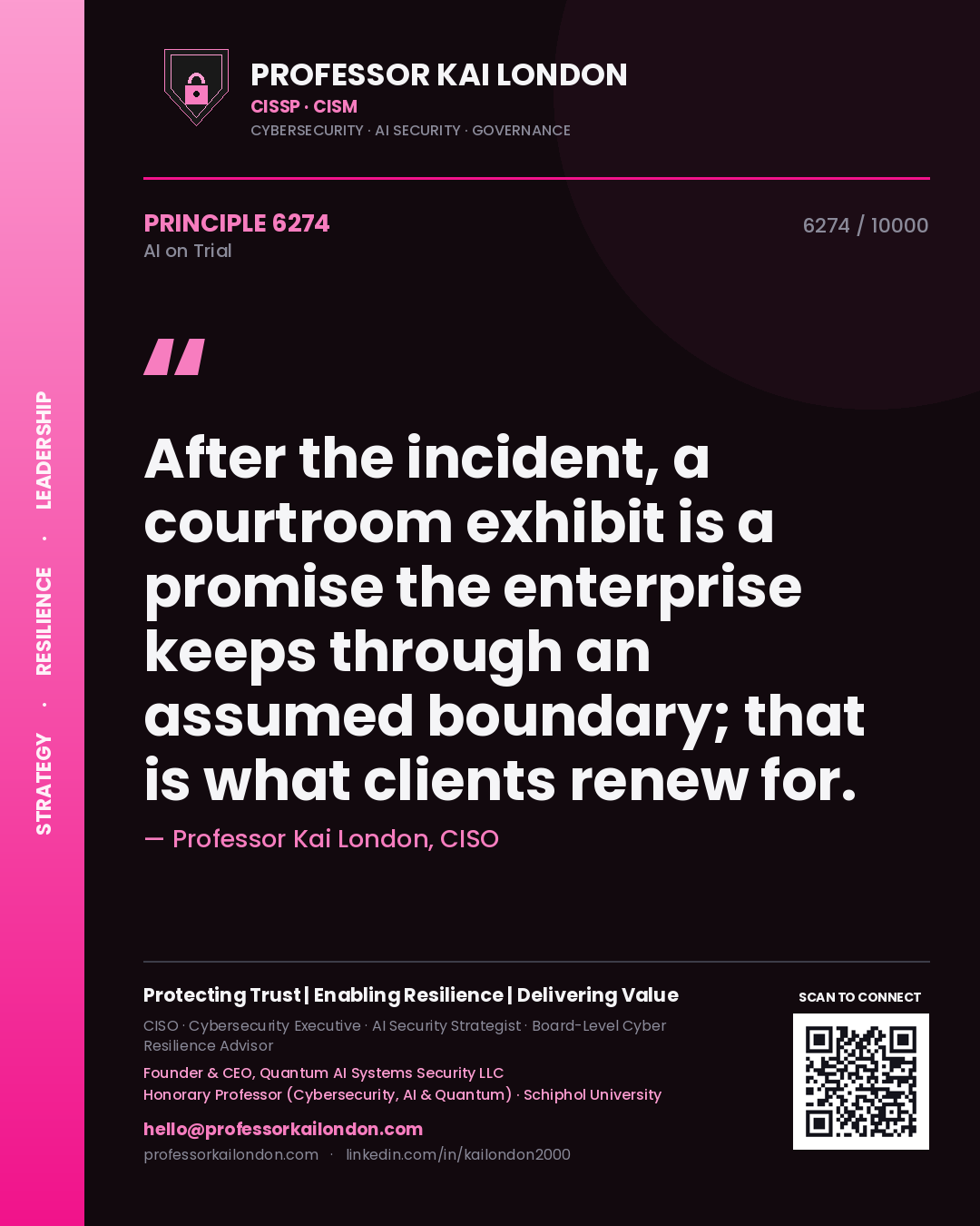 Quote card by Professor Kai London reading 'After the incident, a courtroom exhibit is a promise the enterprise keeps through an assumed boundary; that is what clients renew for.'. From the book AI on Trial.