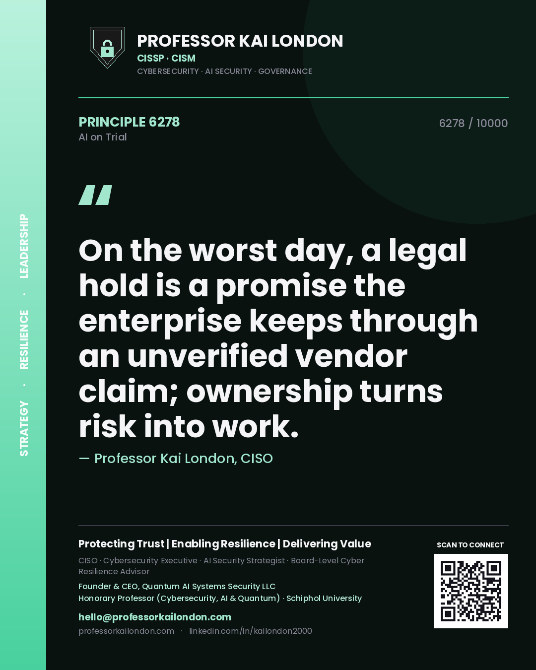 Professor Kai London principle 6278: On the worst day, a legal hold is a promise the enterprise keeps through an unverified vendor claim; ownership turns risk into work.