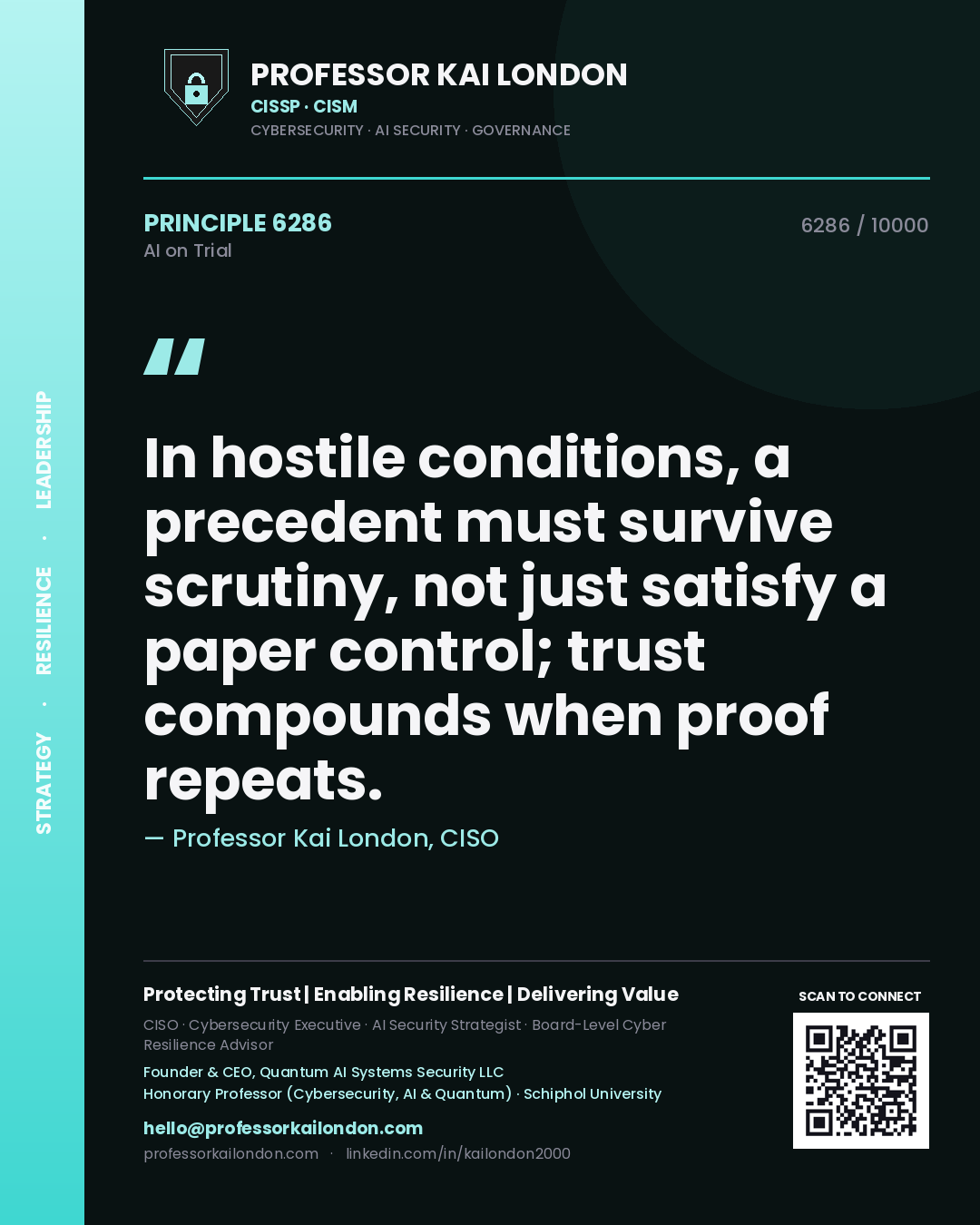 Professor Kai London principle 6286: In hostile conditions, a precedent must survive scrutiny, not just satisfy a paper control; trust compounds when proof repeats.