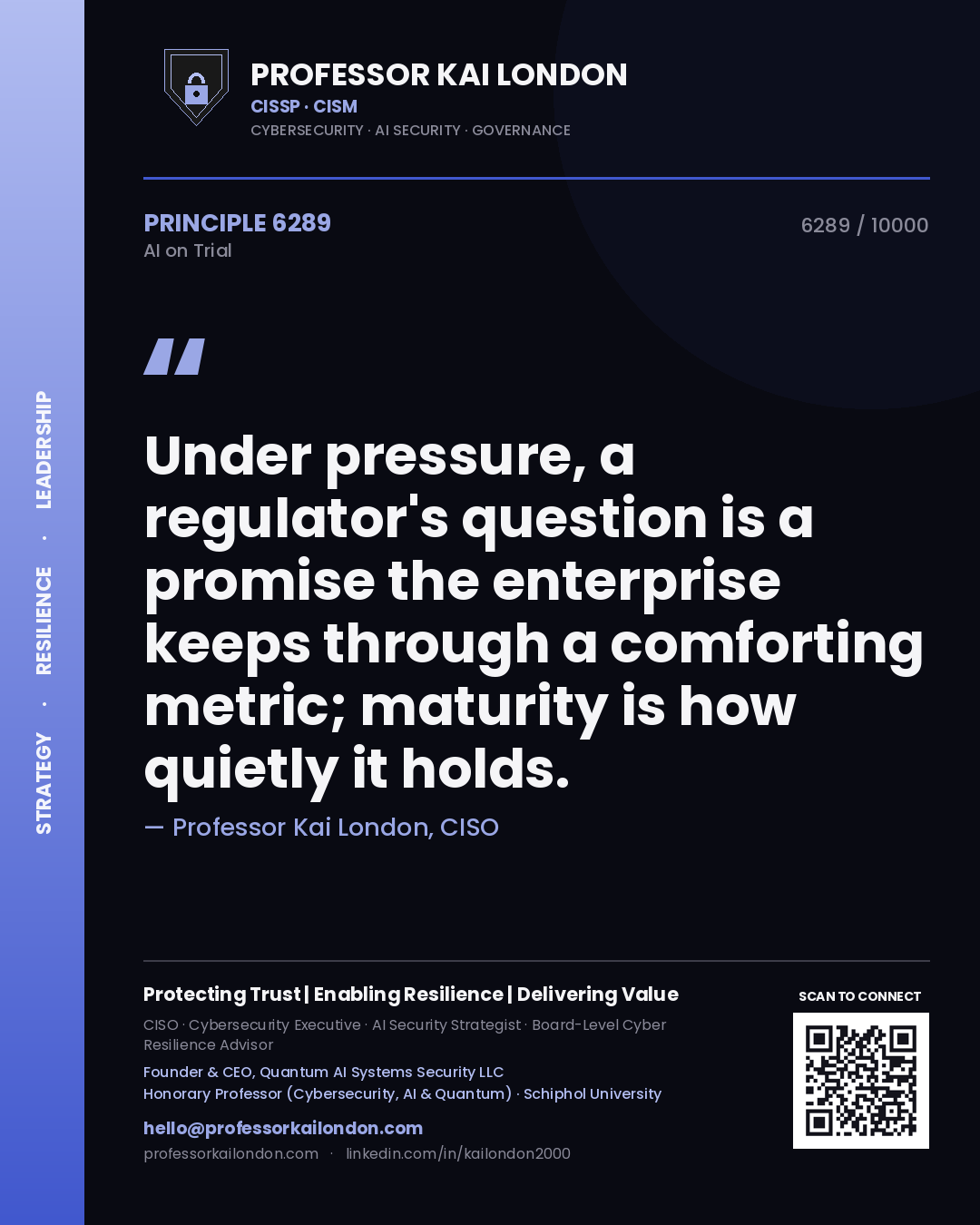 Quote card by Professor Kai London reading 'Under pressure, a regulator's question is a promise the enterprise keeps through a comforting metric; maturity is how quietly it holds.'. From the book AI on Trial.