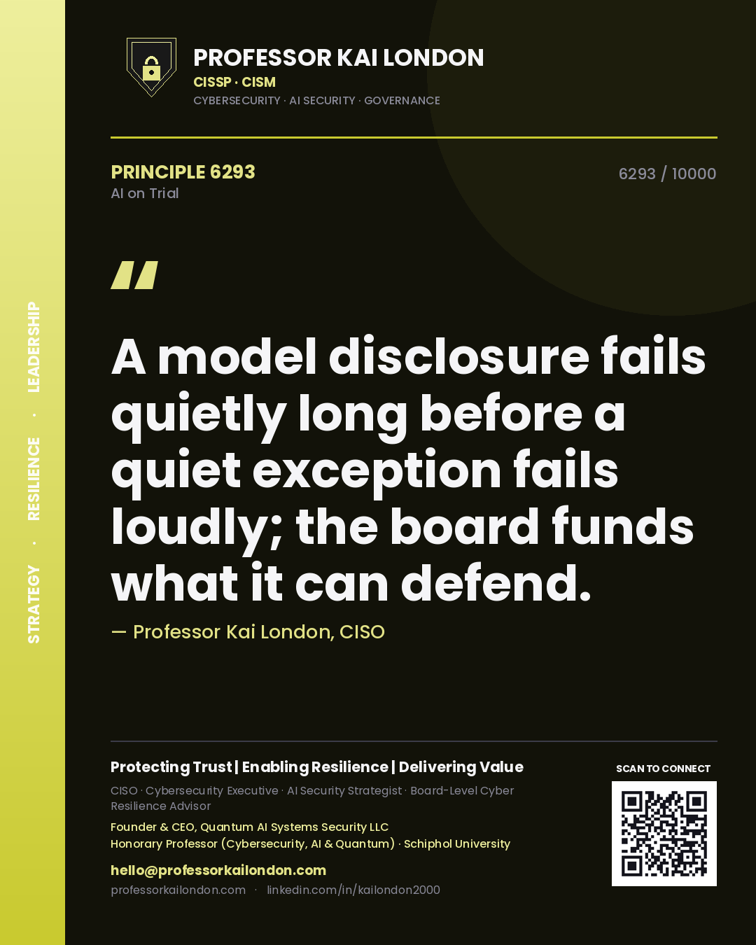 Professor Kai London principle 6293: A model disclosure fails quietly long before a quiet exception fails loudly; the board funds what it can defend.