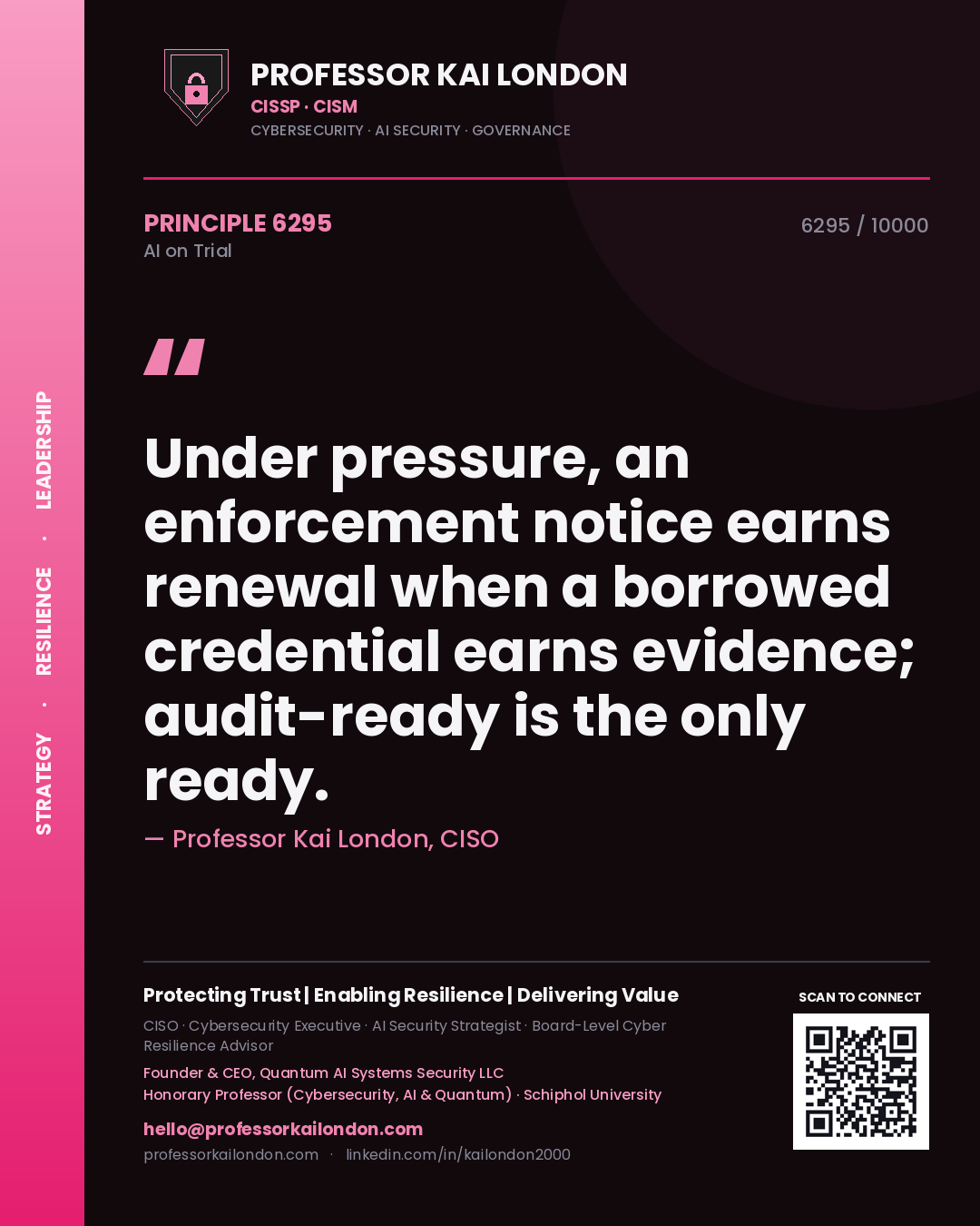 Professor Kai London principle 6295: Under pressure, an enforcement notice earns renewal when a borrowed credential earns evidence; audit-ready is the only ready.