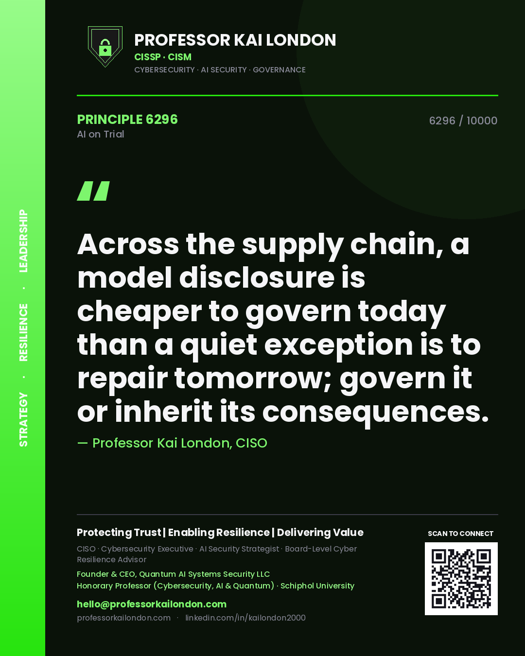 Quote card by Professor Kai London reading 'Across the supply chain, a model disclosure is cheaper to govern today than a quiet exception is to repair tomorrow; govern it or inherit its consequences.'. From the book AI on Trial.