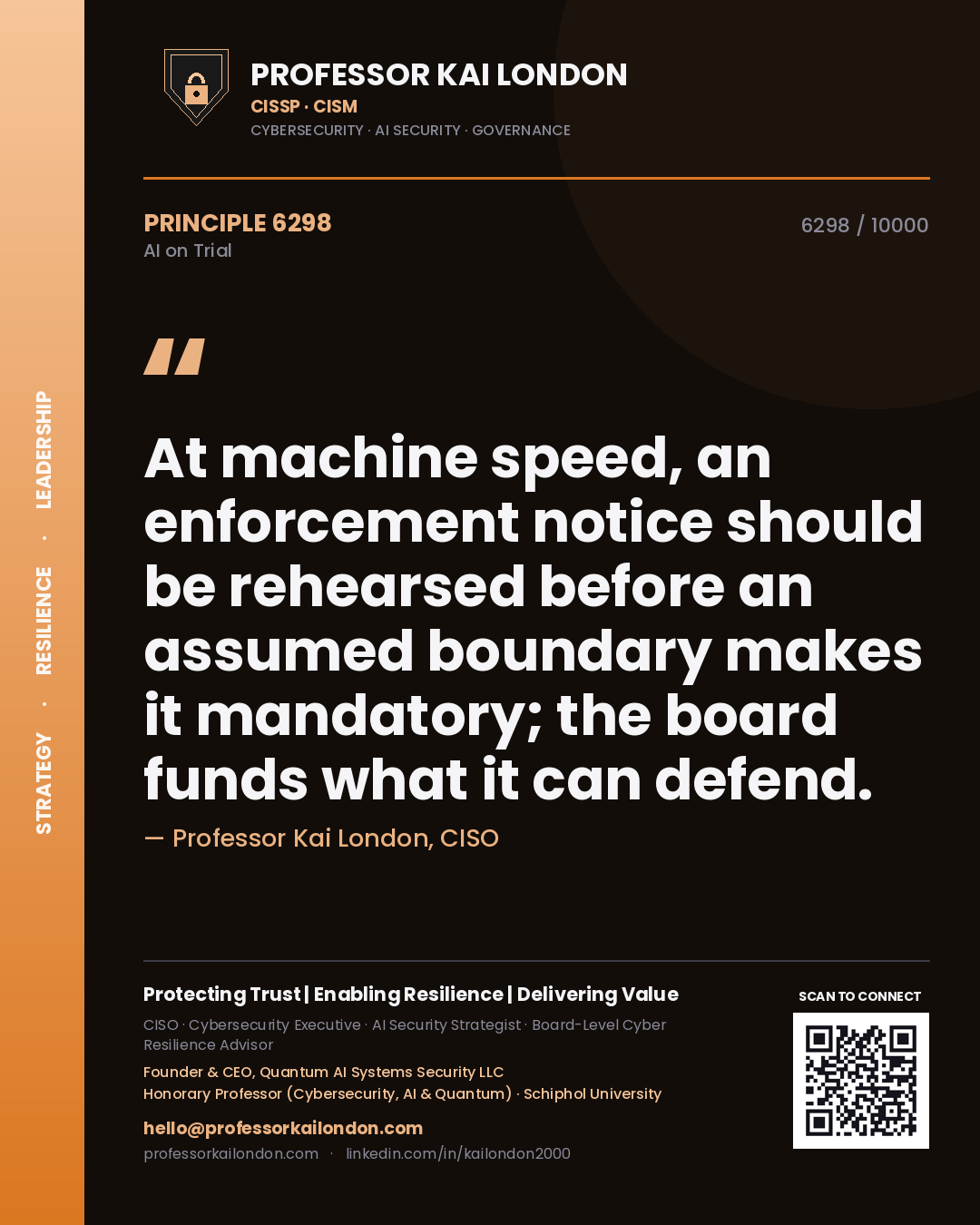 Professor Kai London principle 6298: At machine speed, an enforcement notice should be rehearsed before an assumed boundary makes it mandatory; the board funds what it can defend.