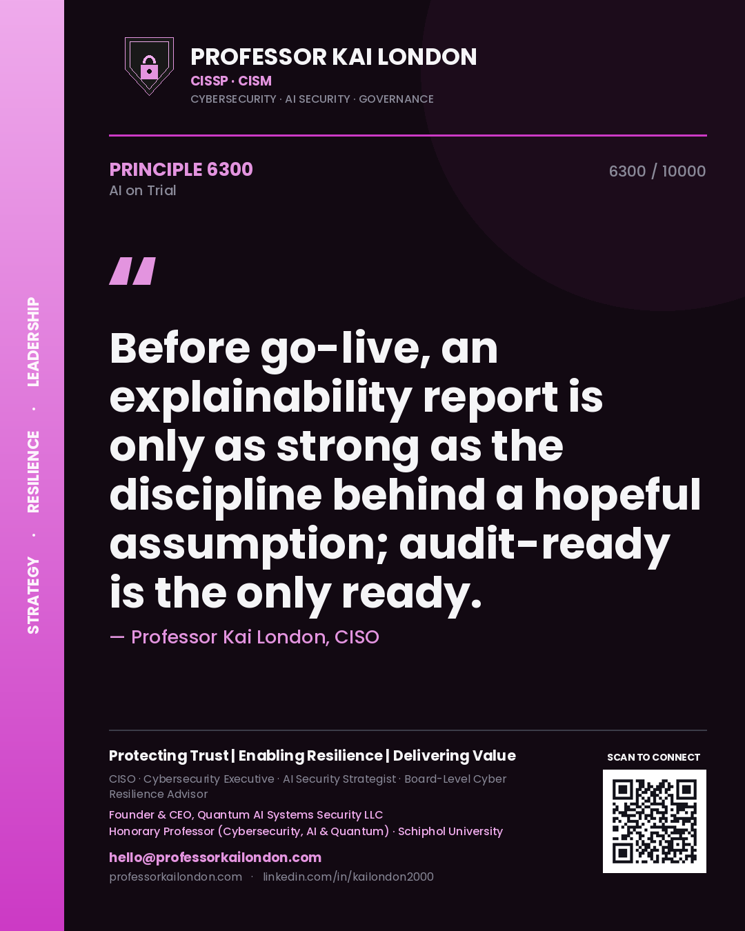 Professor Kai London principle 6300: Before go-live, an explainability report is only as strong as the discipline behind a hopeful assumption; audit-ready is the only ready.