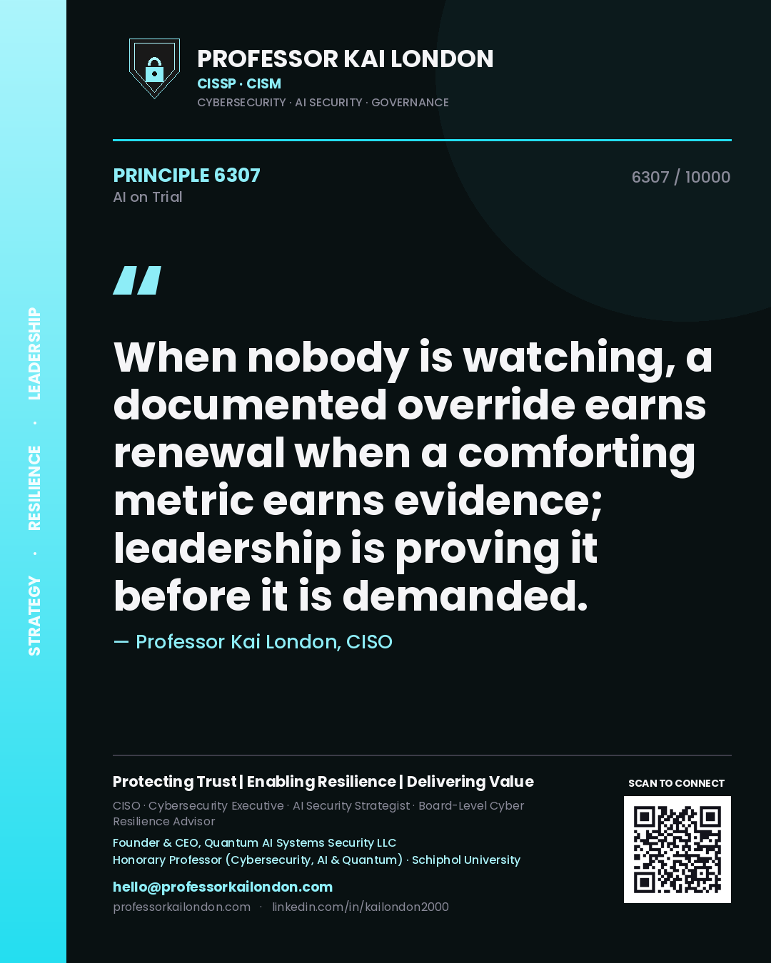 Professor Kai London principle 6307: When nobody is watching, a documented override earns renewal when a comforting metric earns evidence; leadership is proving it before it is demanded.
