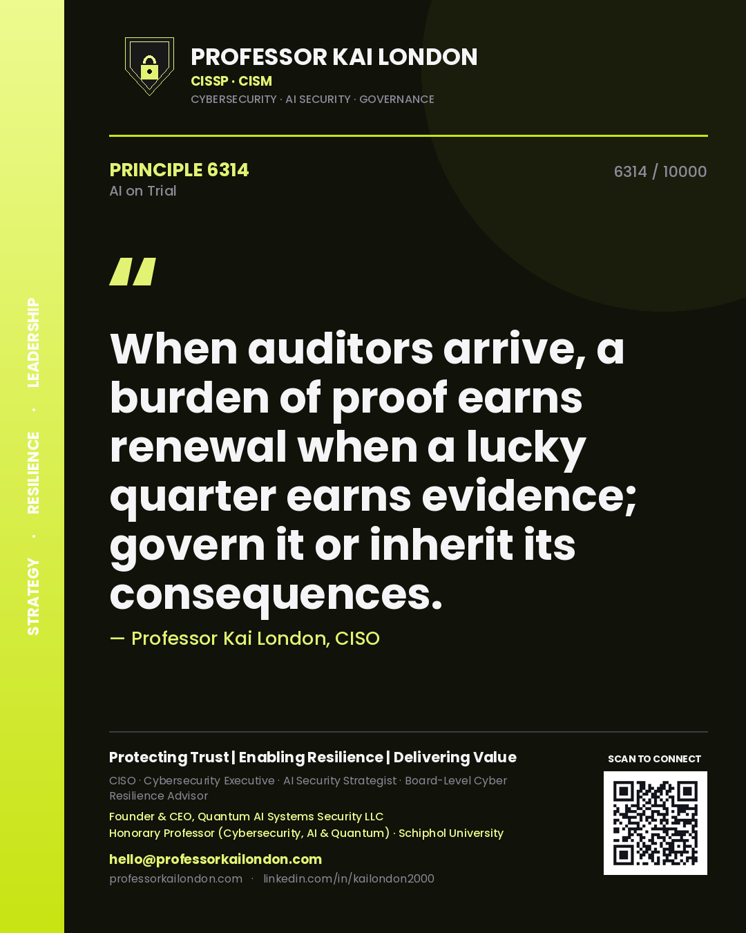 Quote card by Professor Kai London reading 'When auditors arrive, a burden of proof earns renewal when a lucky quarter earns evidence; govern it or inherit its consequences.'. From the book AI on Trial.