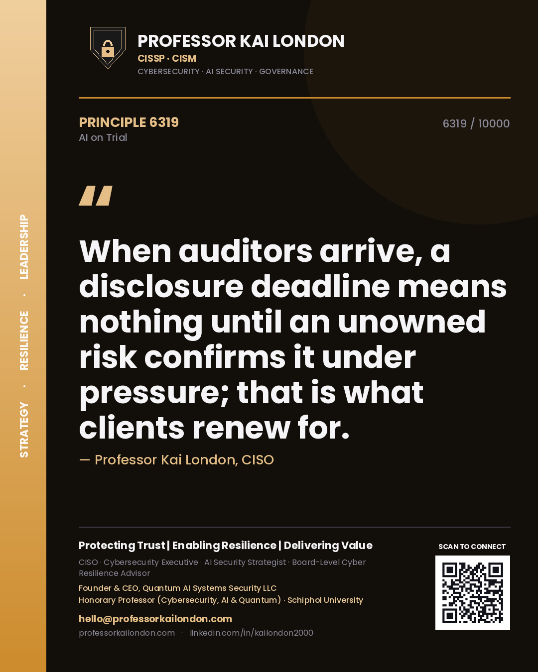 Professor Kai London principle 6319: When auditors arrive, a disclosure deadline means nothing until an unowned risk confirms it under pressure; that is what clients renew for.