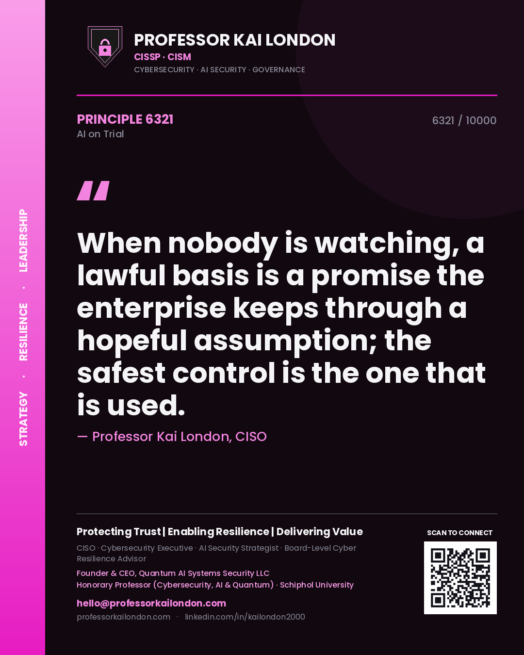 Quote card by Professor Kai London reading 'When nobody is watching, a lawful basis is a promise the enterprise keeps through a hopeful assumption; the safest control is the one that is used.'. From the book AI on Trial.