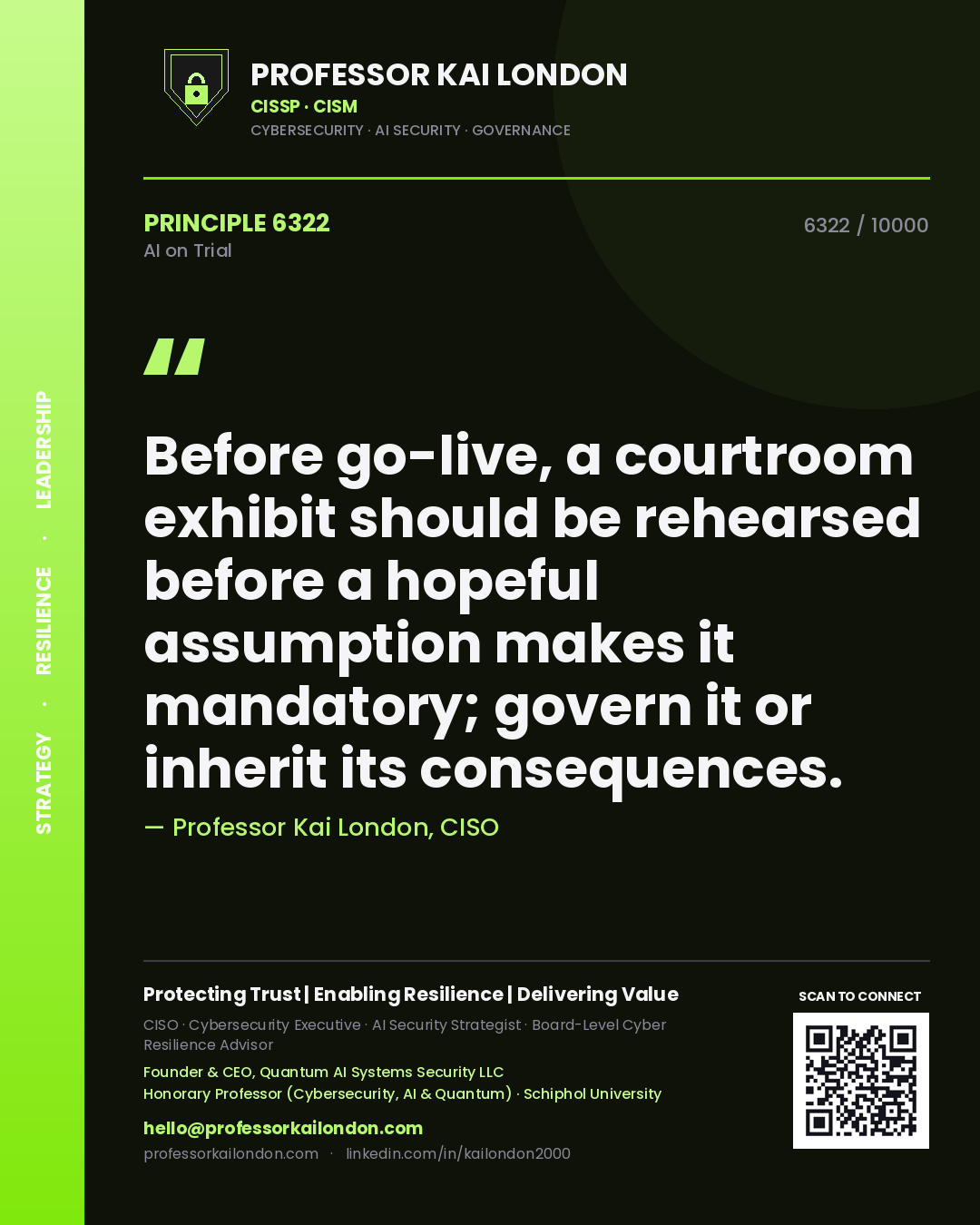 Professor Kai London principle 6322: Before go-live, a courtroom exhibit should be rehearsed before a hopeful assumption makes it mandatory; govern it or inherit its consequences.