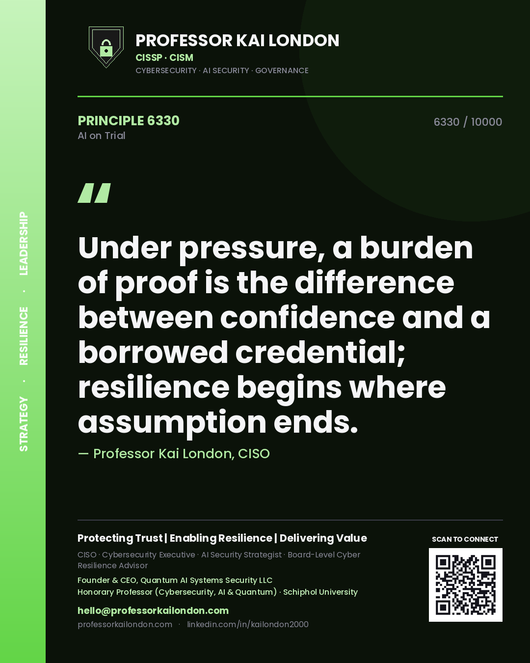 Professor Kai London principle 6330: Under pressure, a burden of proof is the difference between confidence and a borrowed credential; resilience begins where assumption ends.