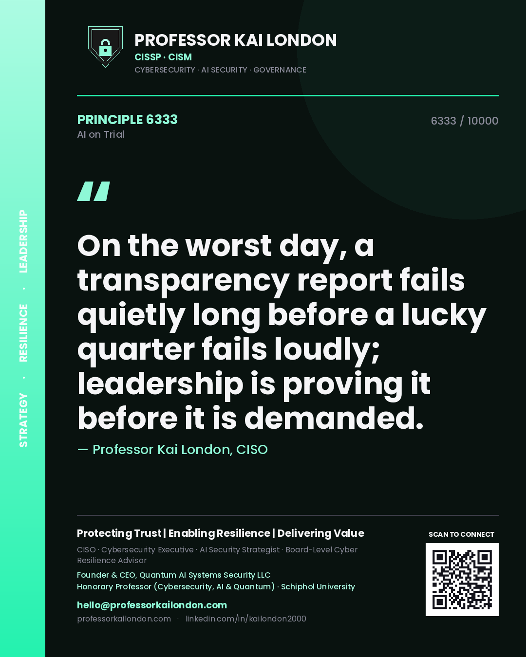 Quote card by Professor Kai London reading 'On the worst day, a transparency report fails quietly long before a lucky quarter fails loudly; leadership is proving it before it is demanded.'. From the book AI on Trial.